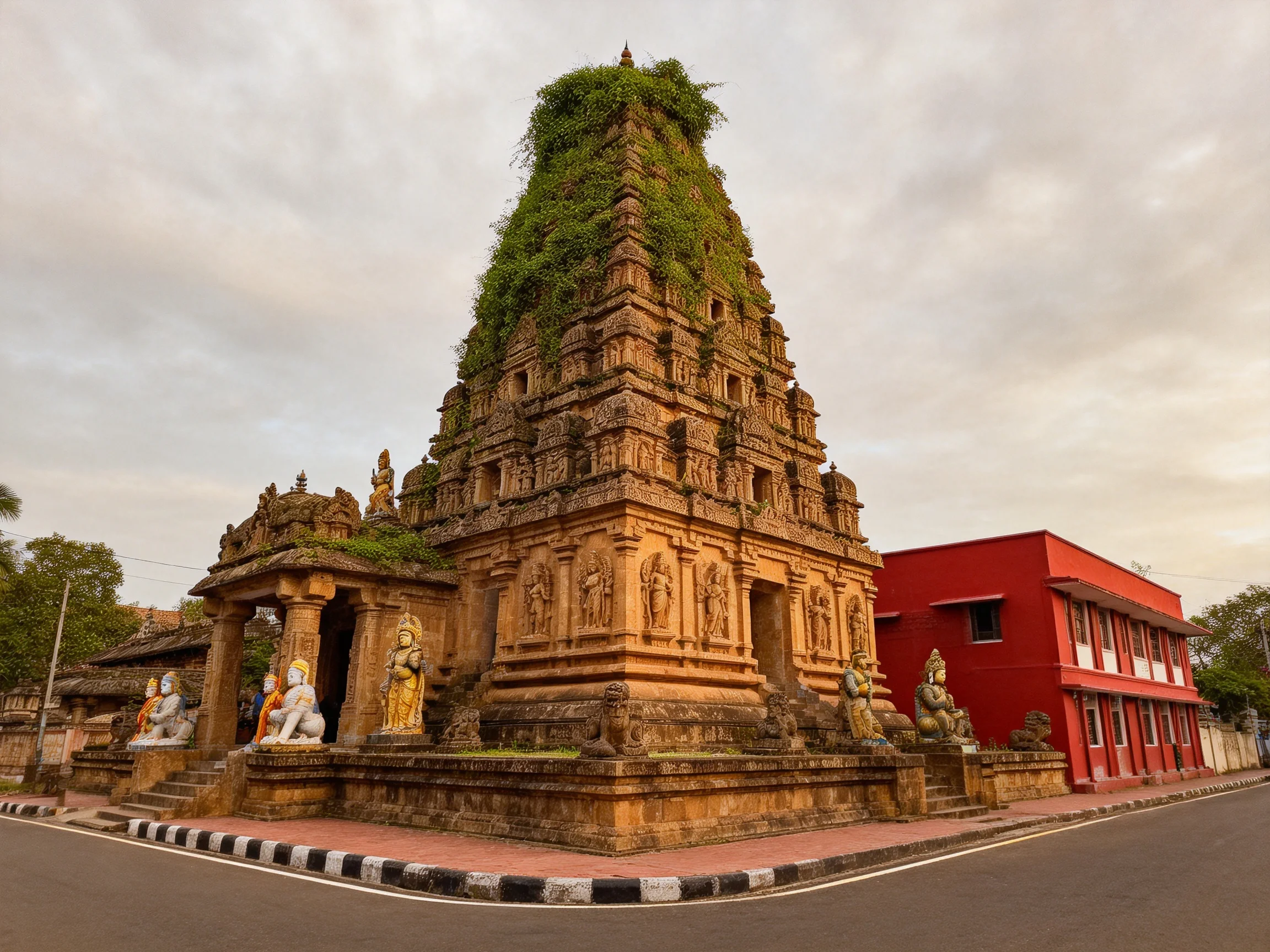 An ancient stone temple with green vines, adjacent to a bright red building