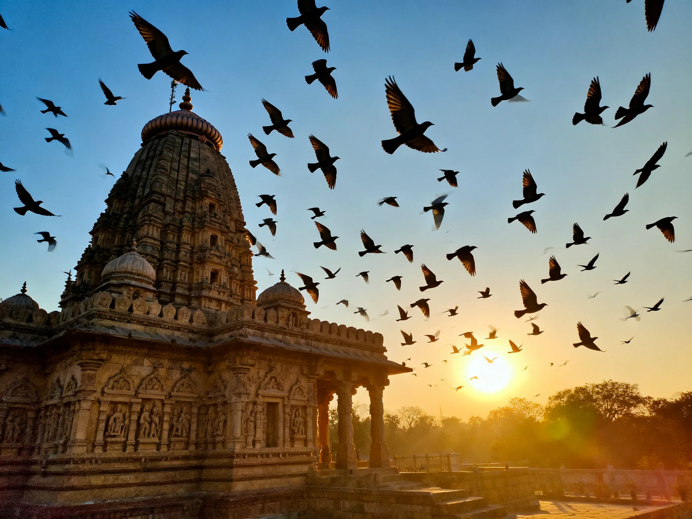 An ancient stone temple with numerous birds at golden sunset