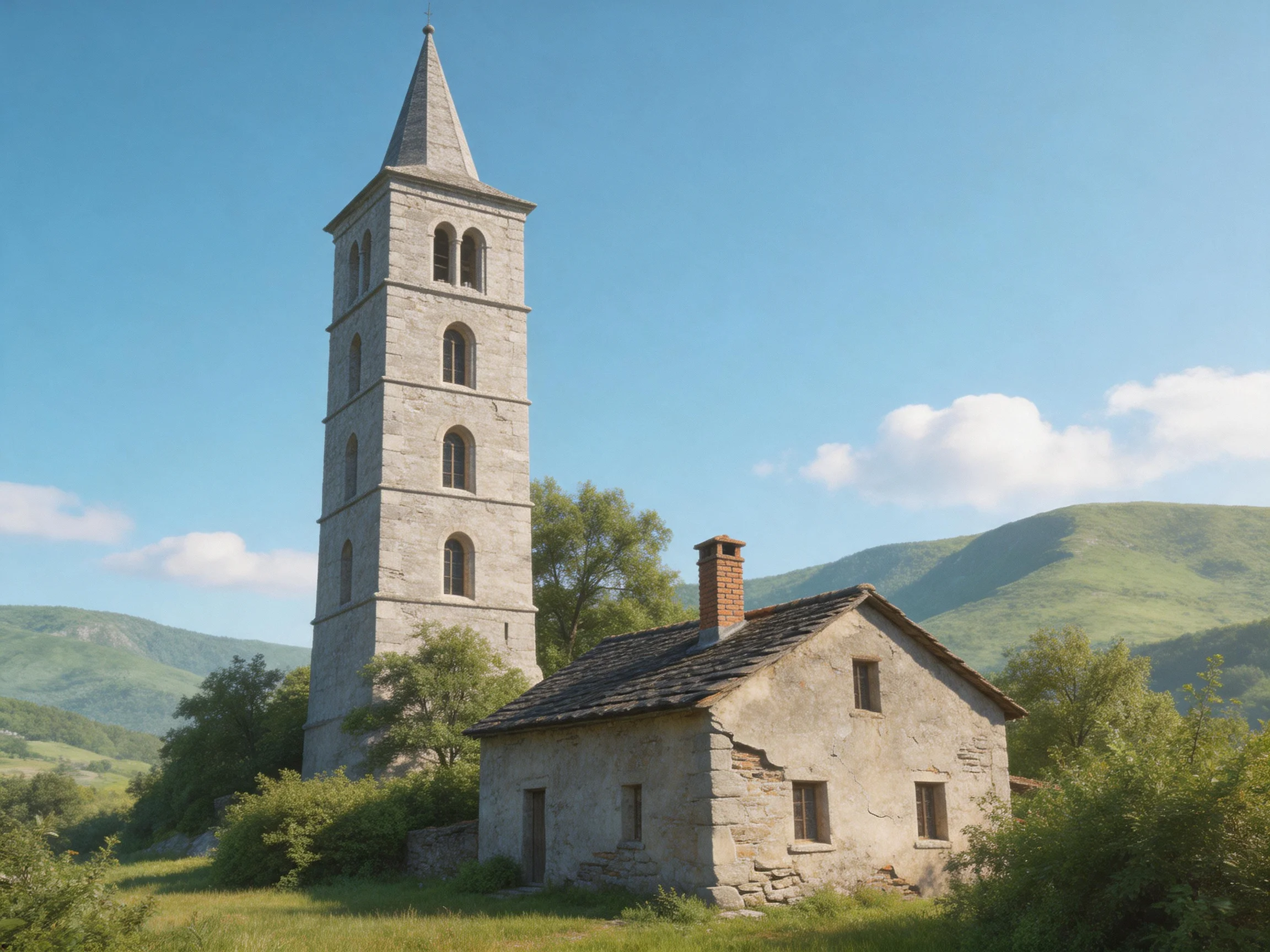 An ancient stone tower beside a weathered cottage amid green hills
