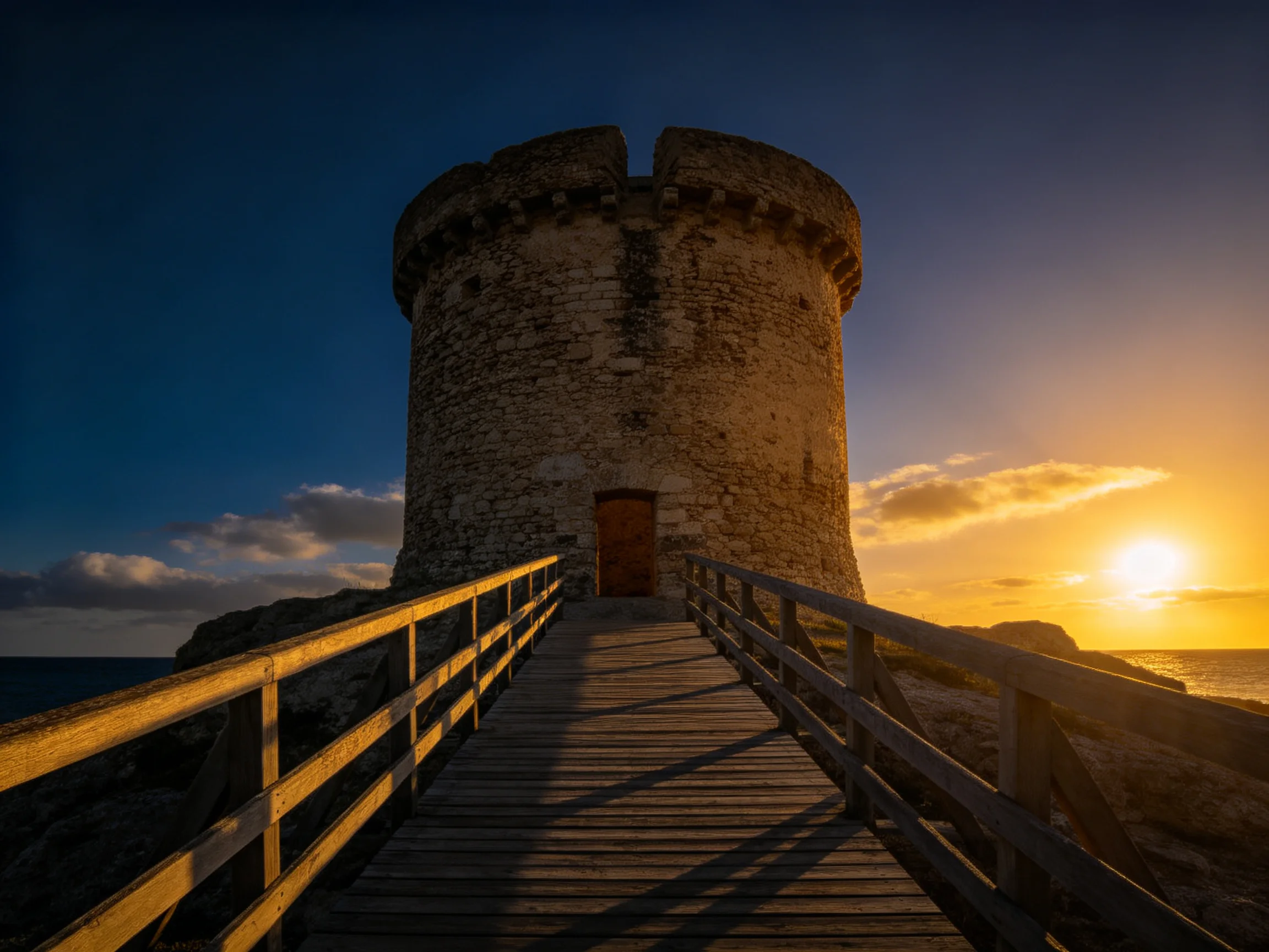 An ancient stone tower connected by a wooden bridge under a golden sunset