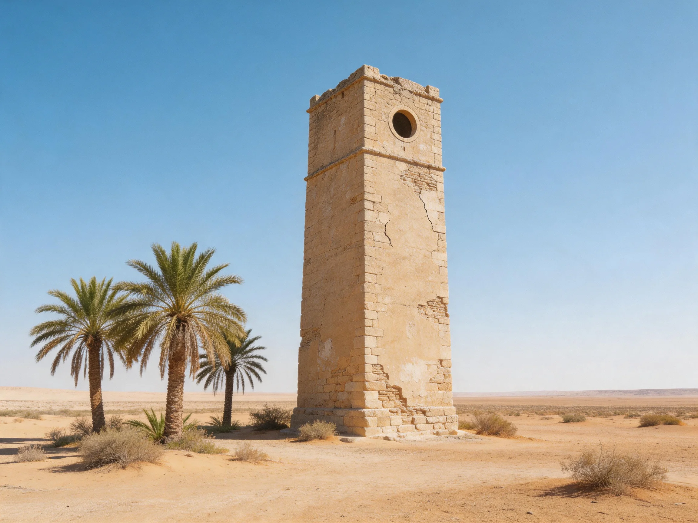 An ancient stone tower near three palm trees in a vast desert