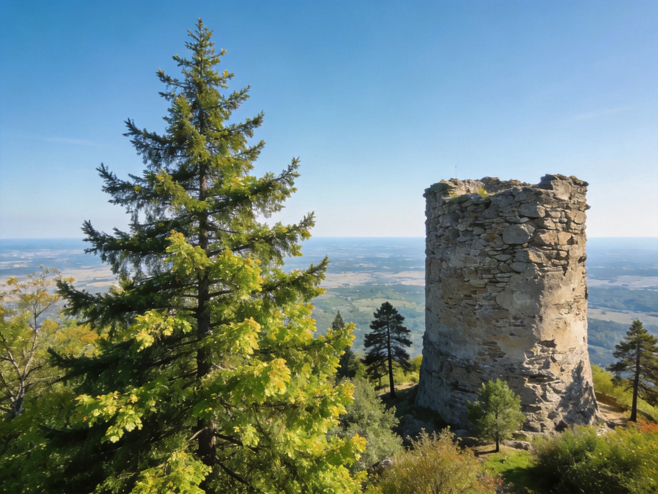 An ancient stone tower stands among lush trees overlooking a vast valley