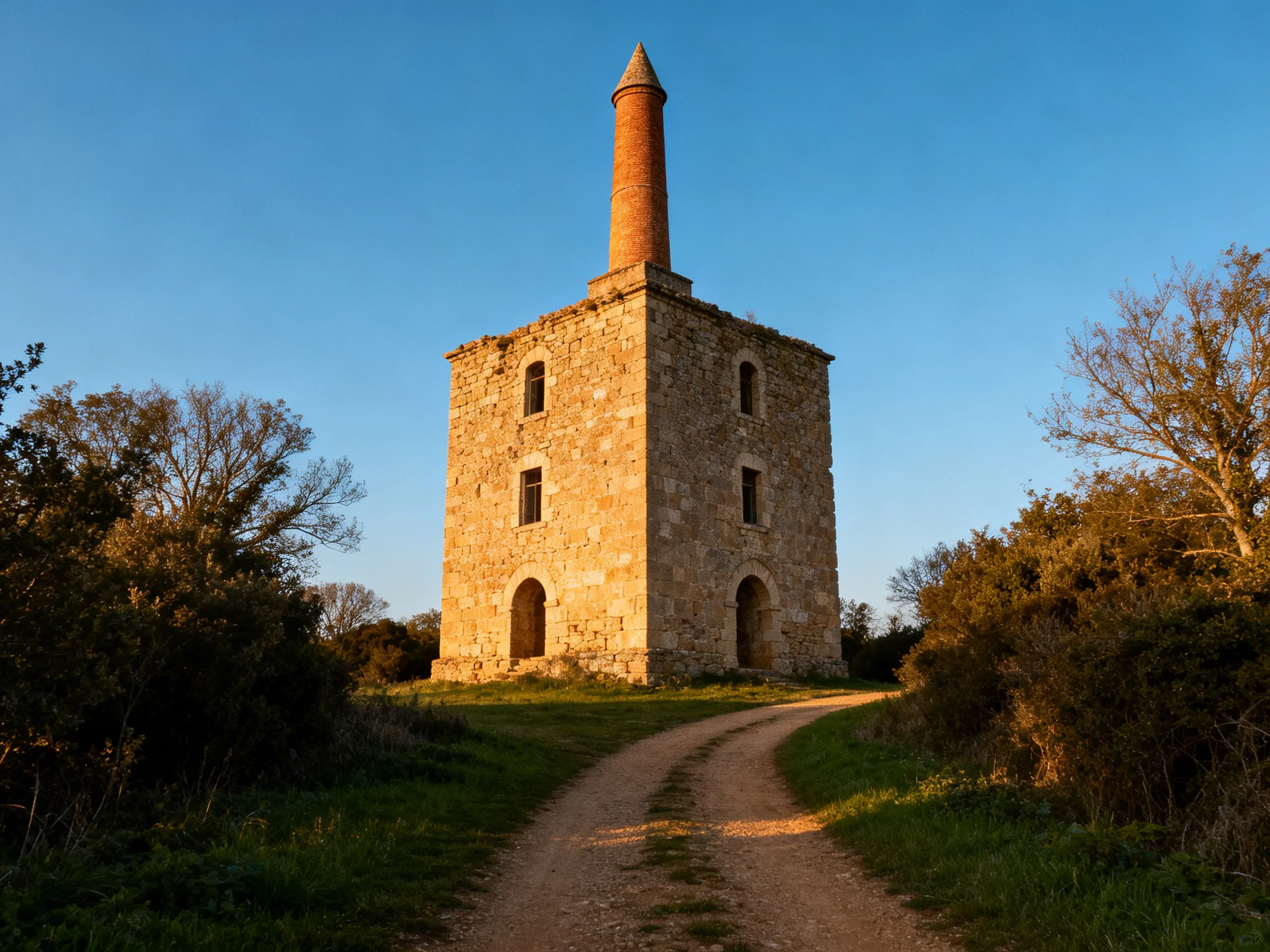 An ancient stone tower with a brick chimney under clear blue sky