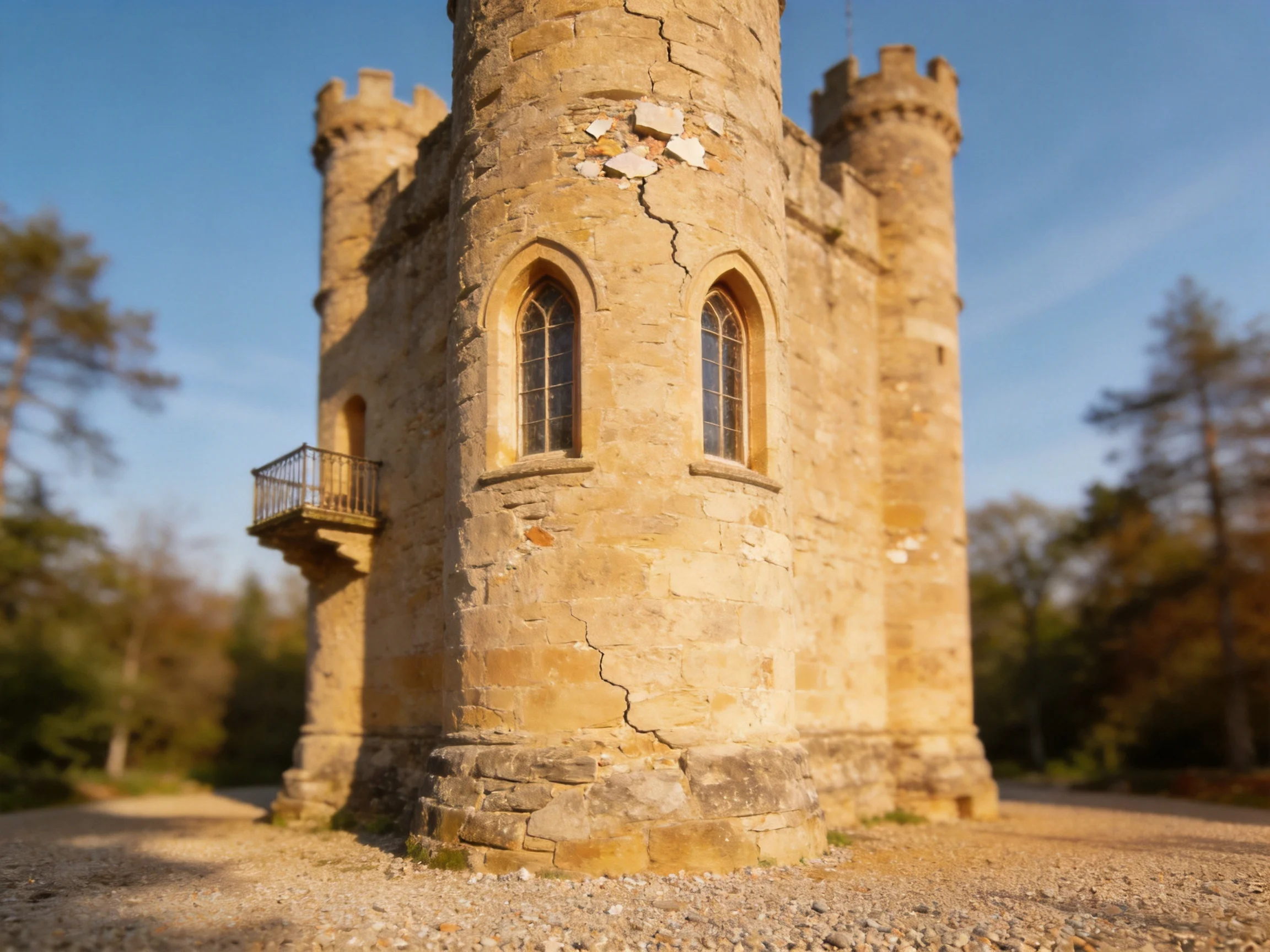 An ancient stone tower with cracked walls and arched windows