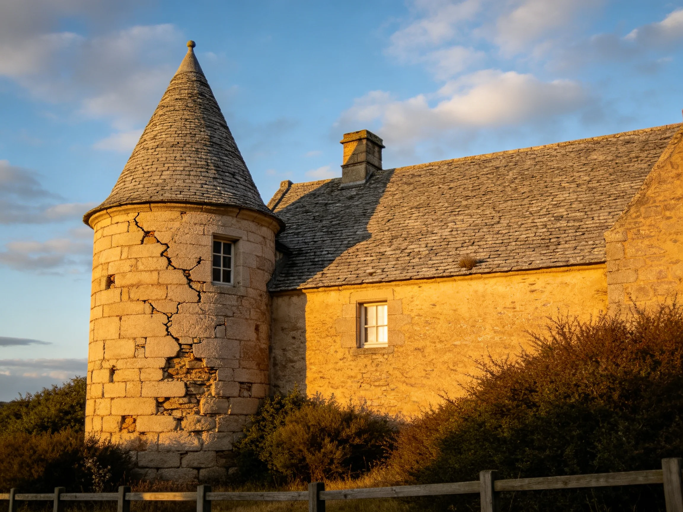 An ancient stone tower with cracked walls beside a golden-hued house