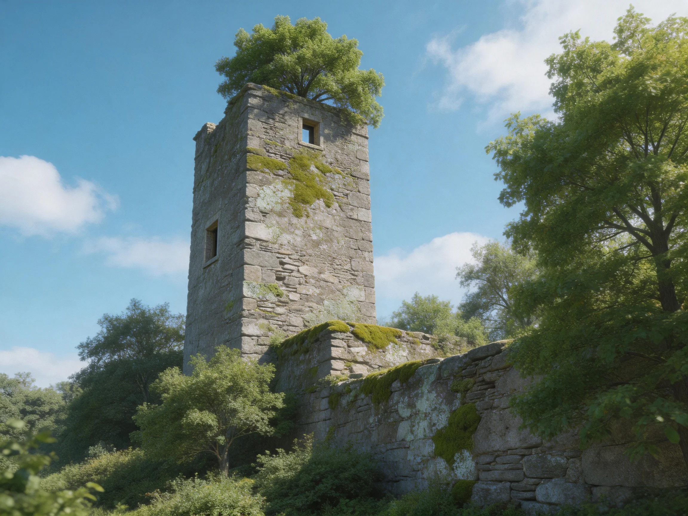 An ancient stone tower with moss and surrounding trees under bright blue sky