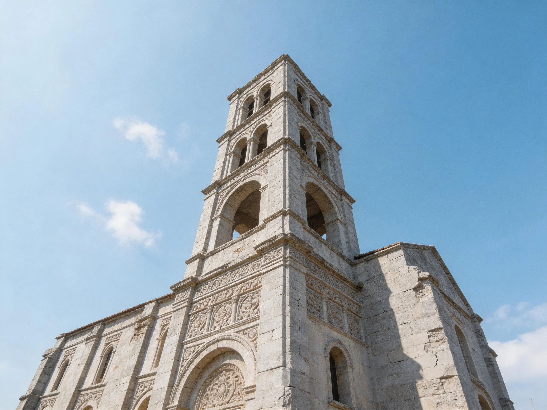 An ancient stone tower with multi-level arches rises against a clear blue sky