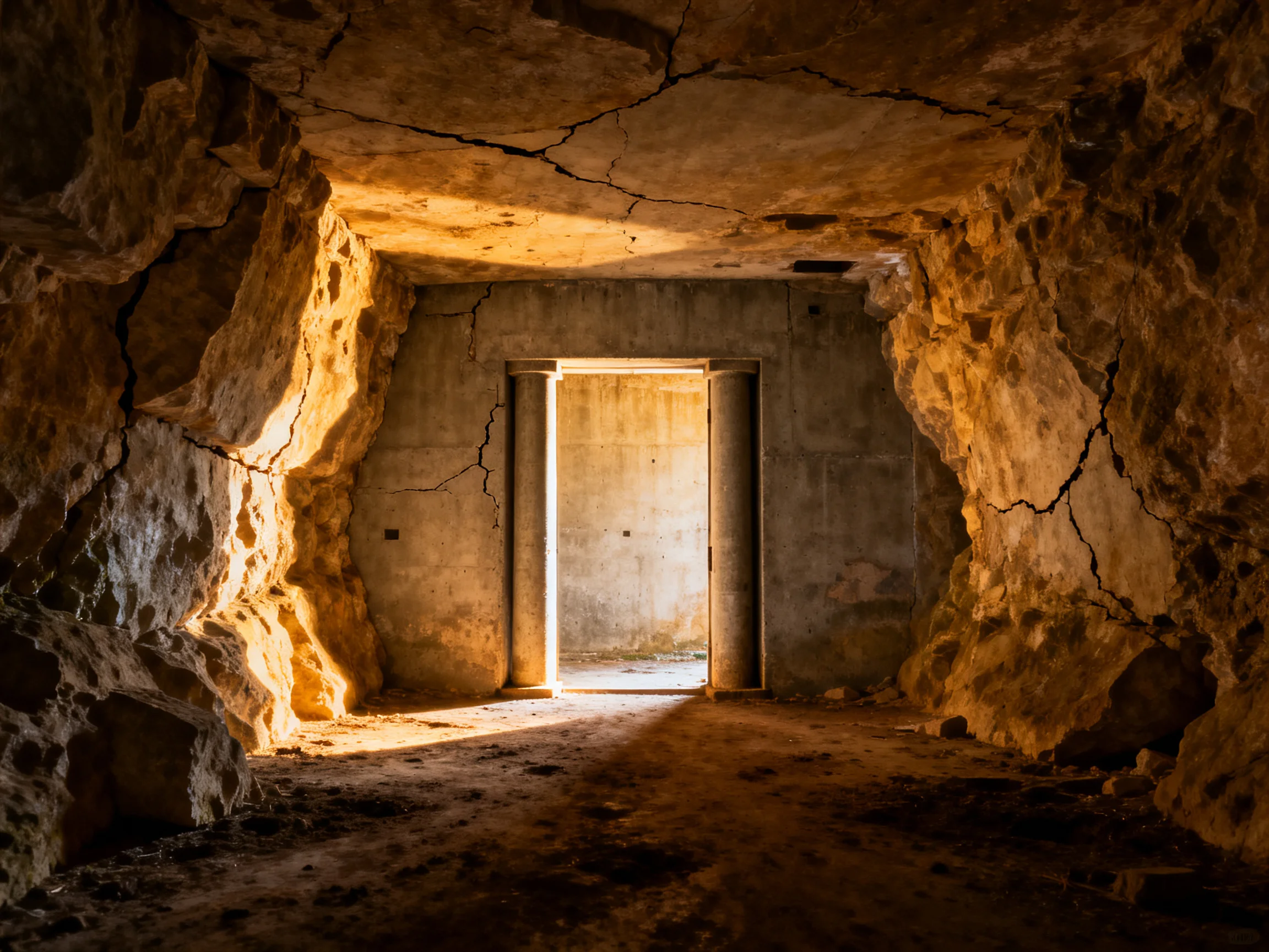 An ancient stone tunnel with a weathered concrete doorway
