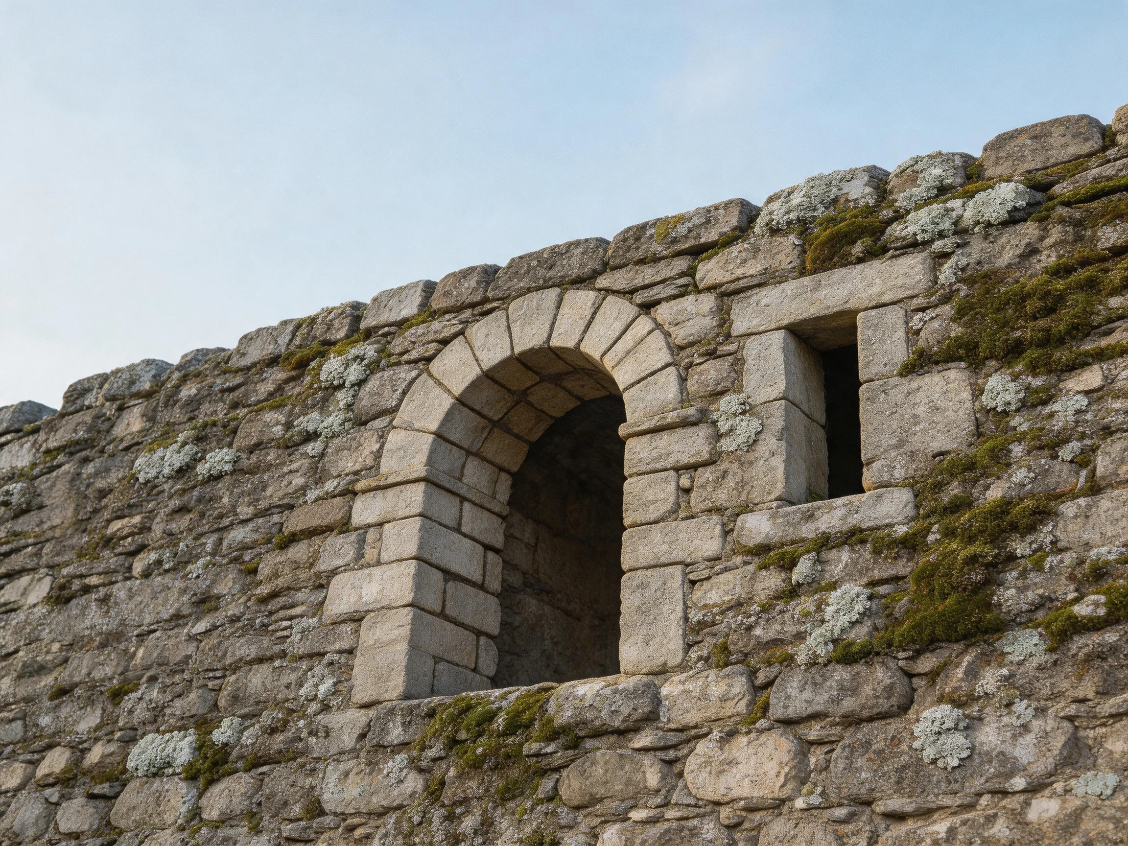 An ancient stone wall with an arched entrance and moss-covered stones