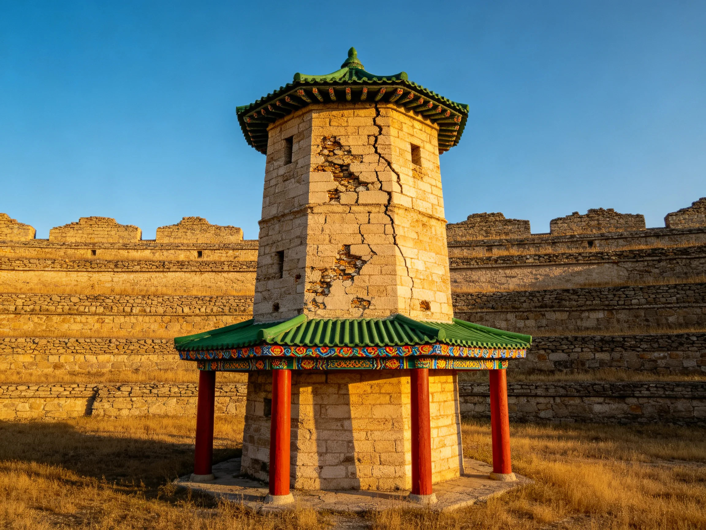 An ancient stone watchtower with green roof and red columns near weathered walls