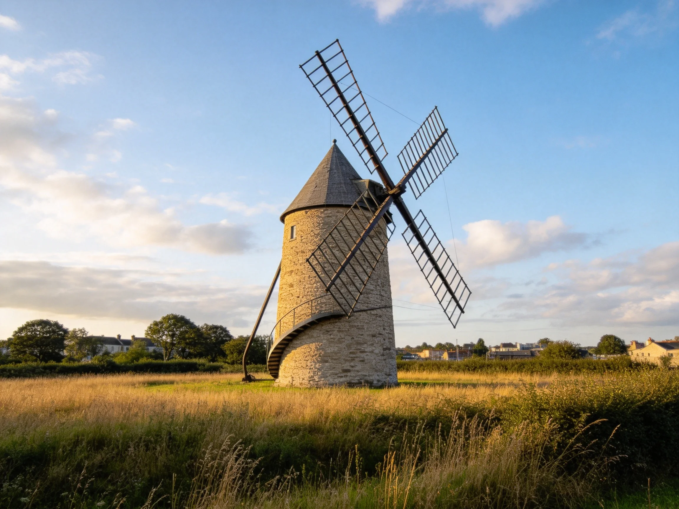 An ancient stone windmill stands in golden fields under a bright blue sky