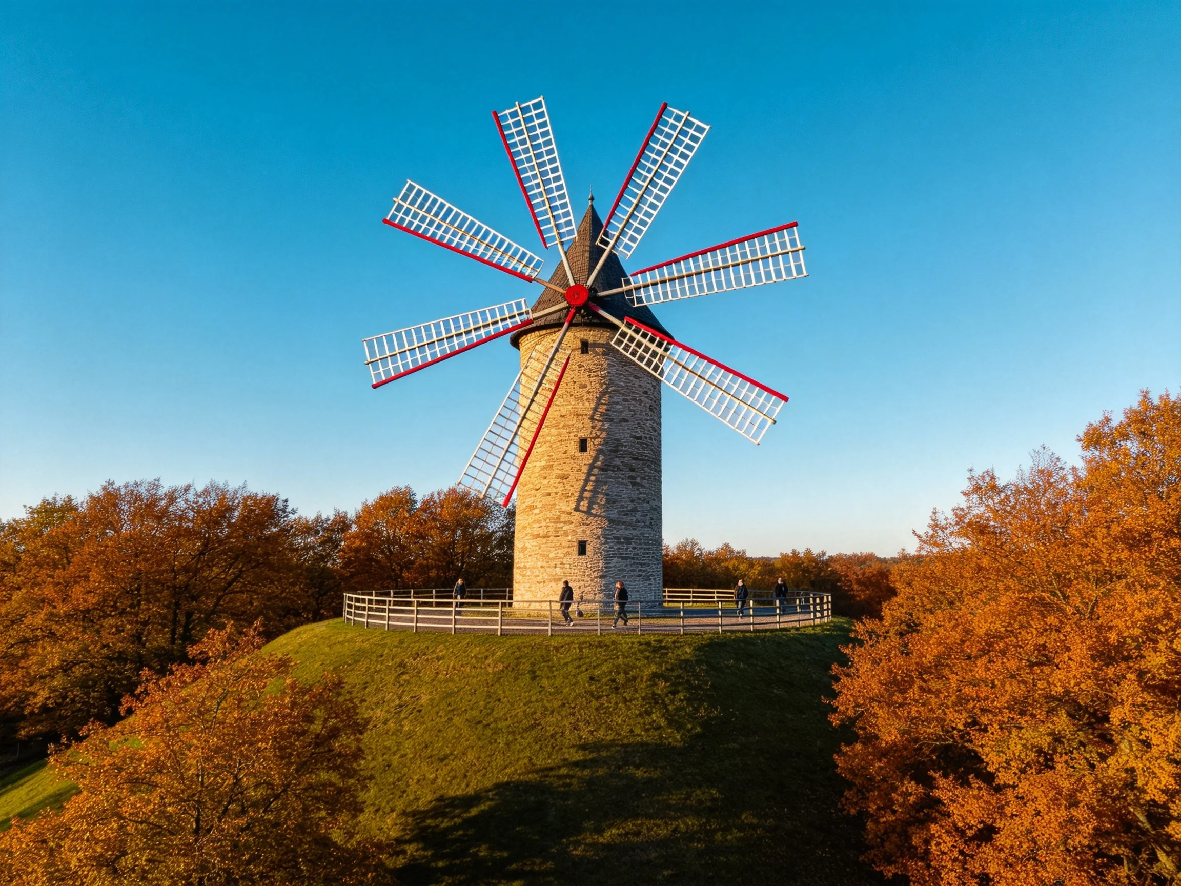 An ancient stone windmill towers over an autumn hillside