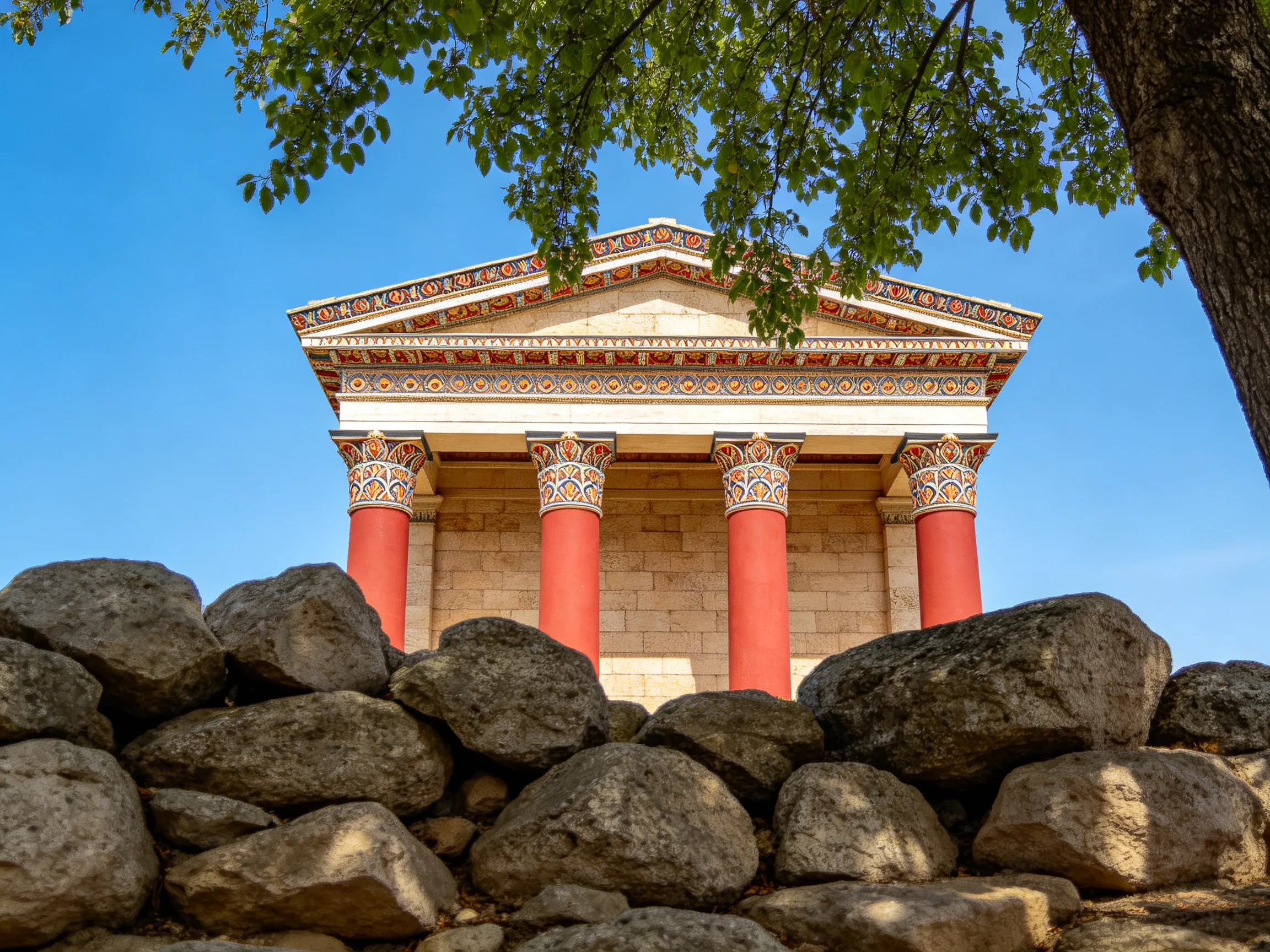 An ancient temple with four red columns behind a rocky stone wall