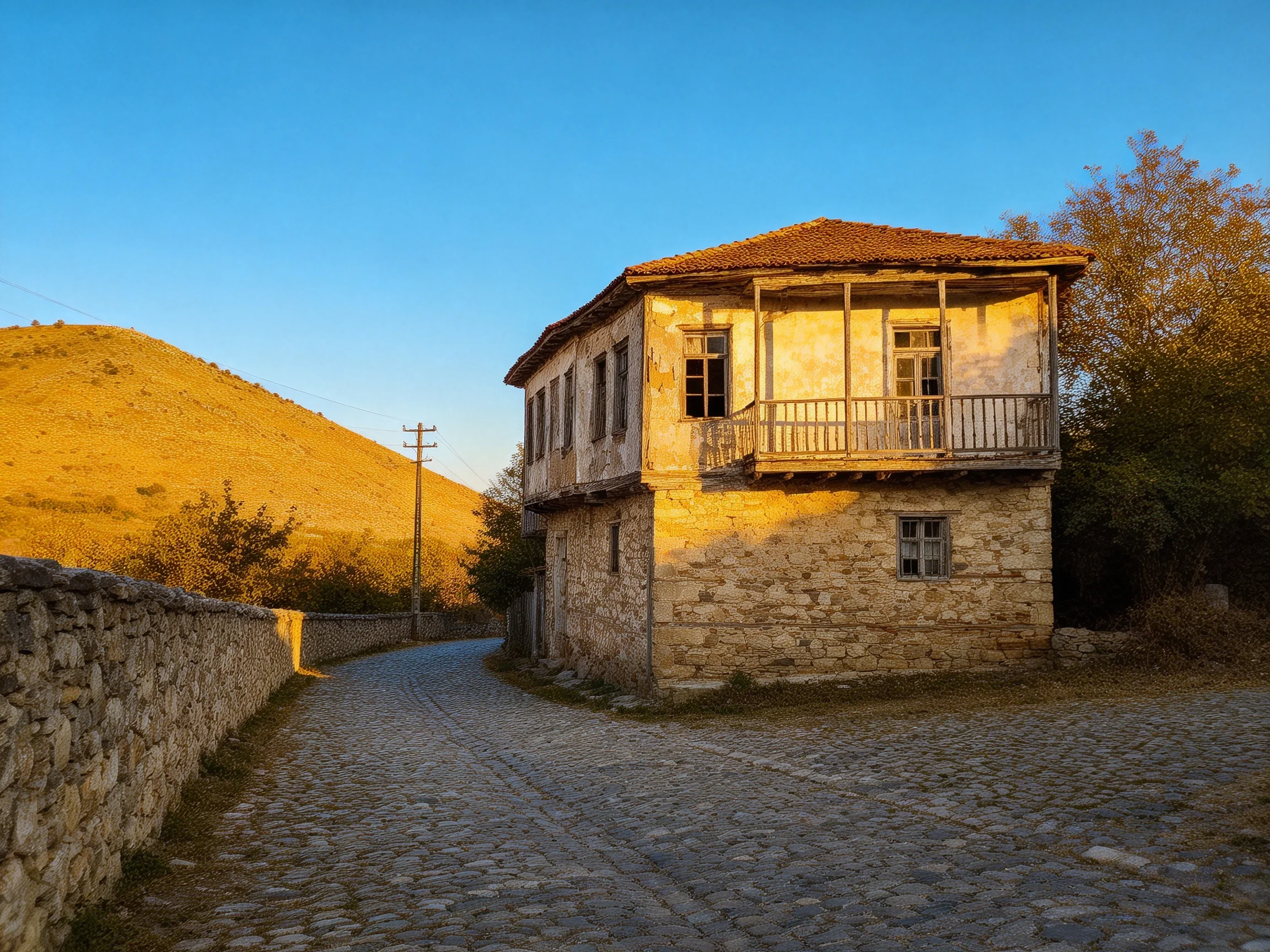 An ancient two - story stone house beside a cobblestone path near a golden hill