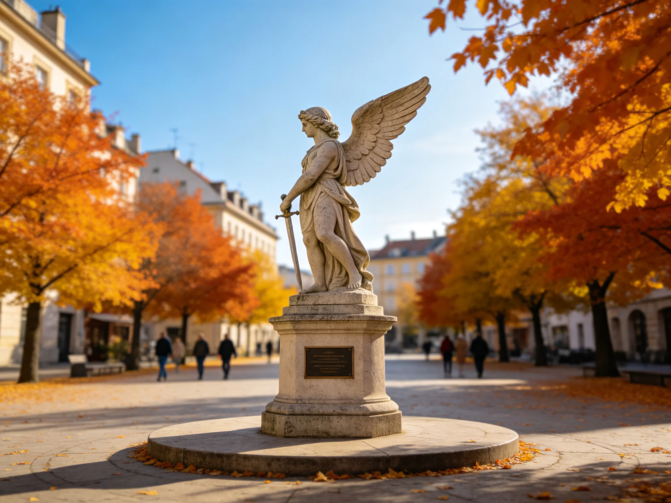 An angel statue stands amid vibrant autumn trees and historic buildings