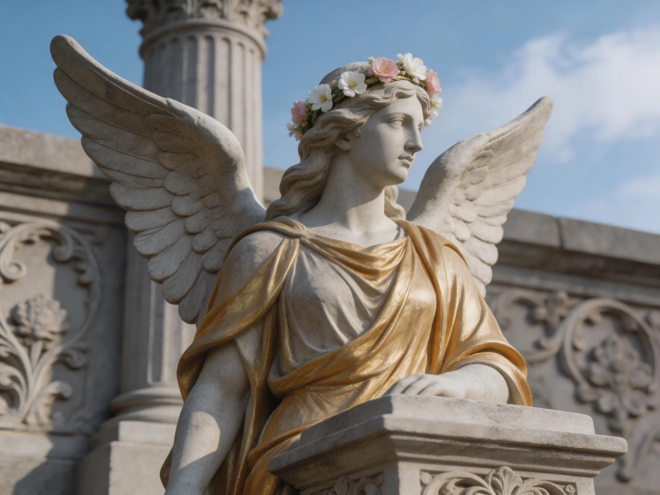 An angel statue with golden drapery and floral crown near columns