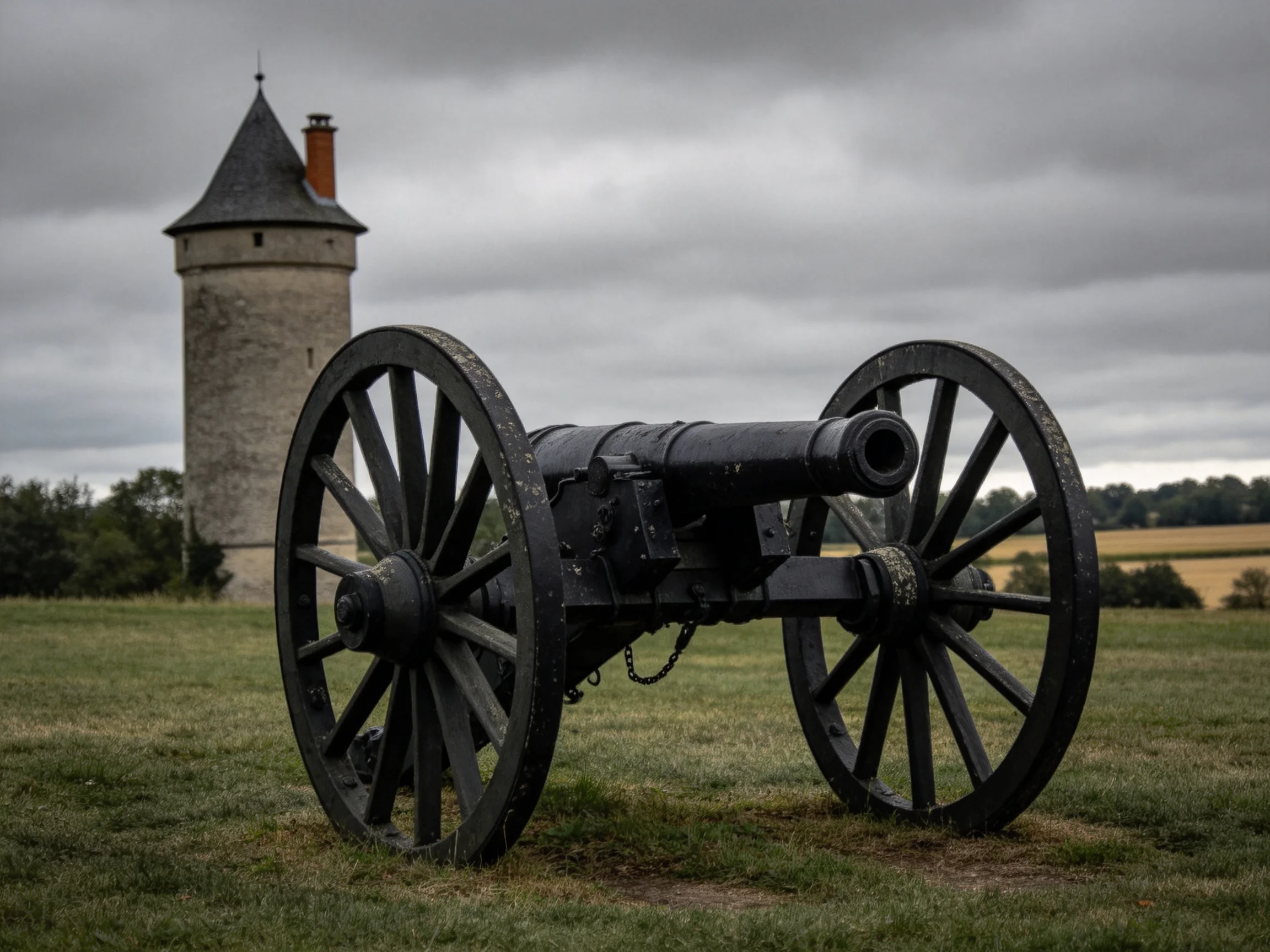 An antique black cannon rests near a historic stone tower under cloudy skies