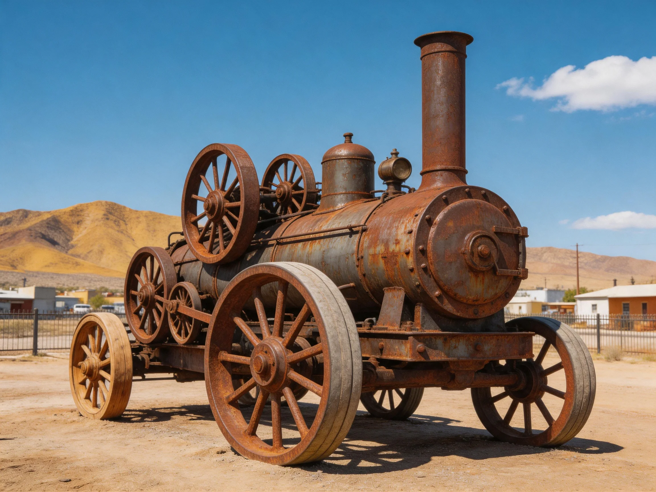 An antique rust-covered steam engine on a dusty open area