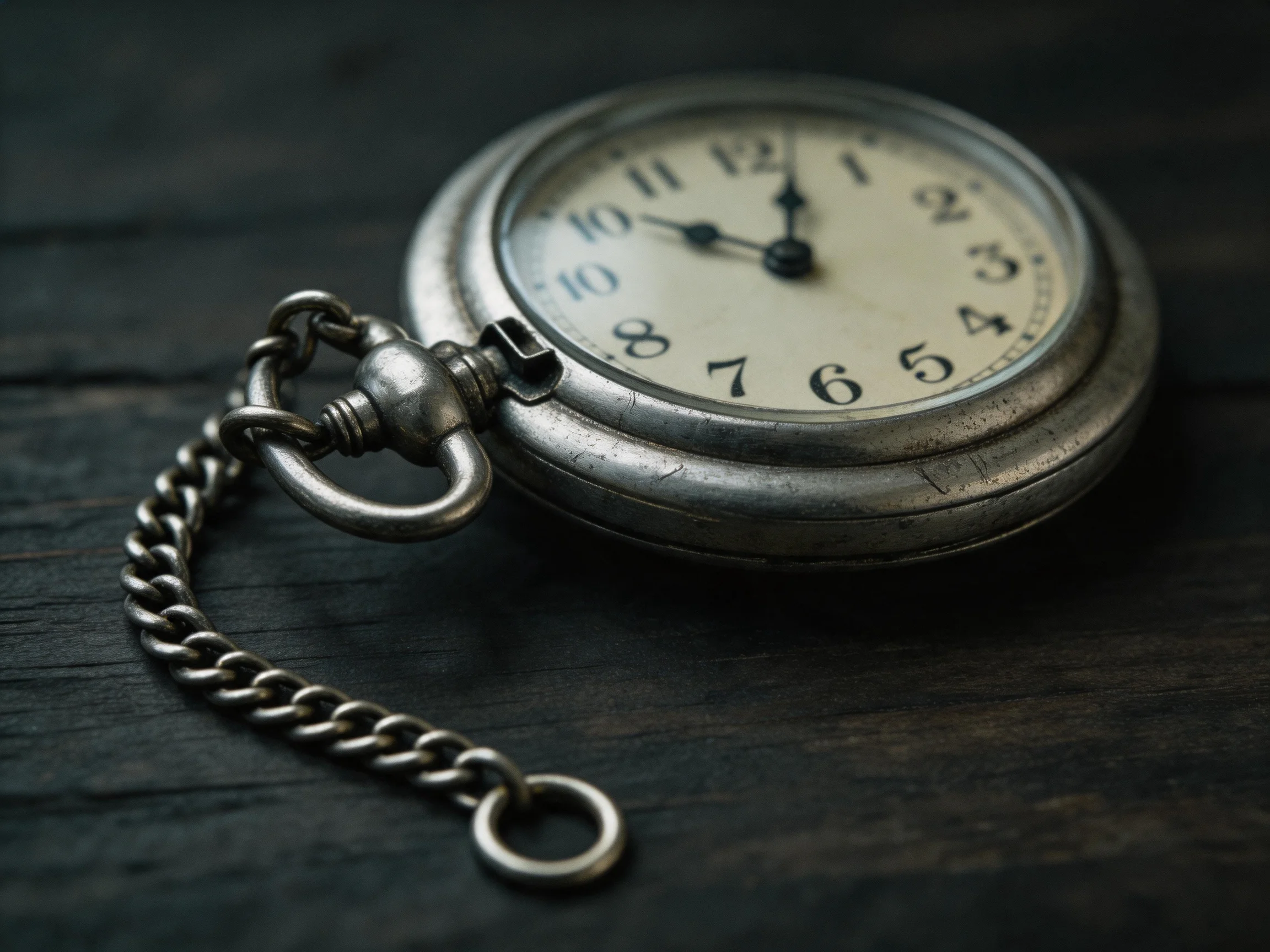 An antique silver pocket watch resting on a dark wooden surface