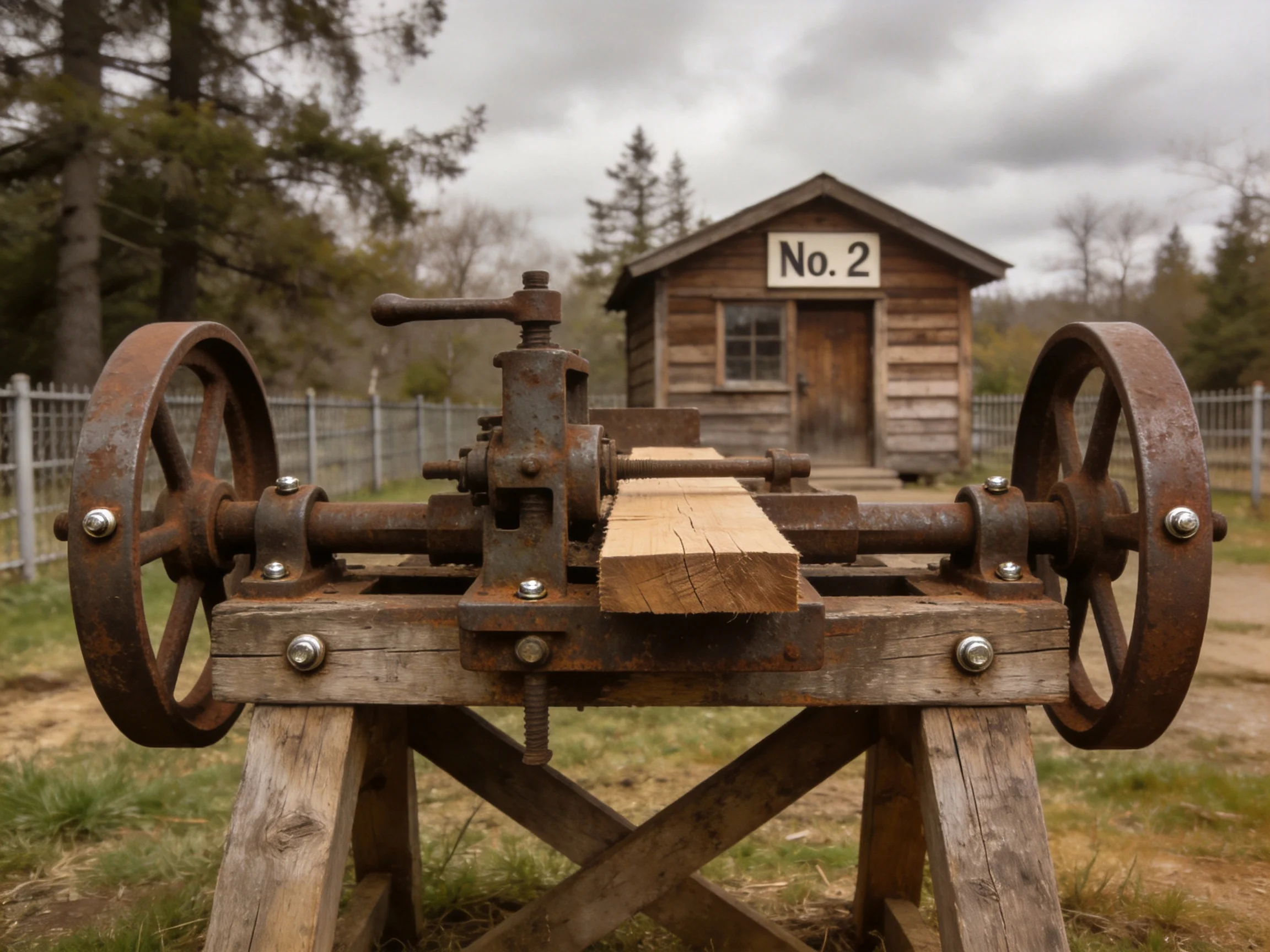 An antique wooden machine with rusted wheels near a weathered No.2 cabin