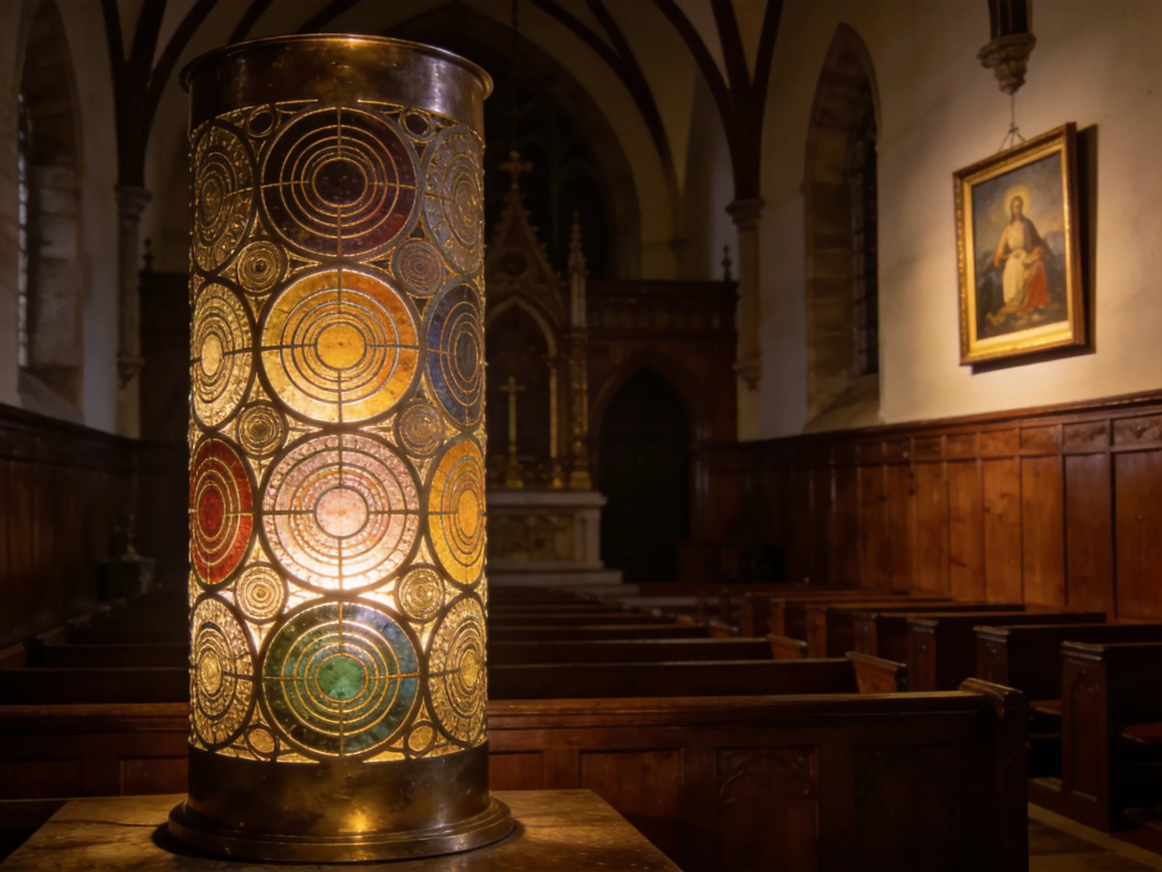 An elaborate cylindrical lantern with colorful patterns in a historic church interior