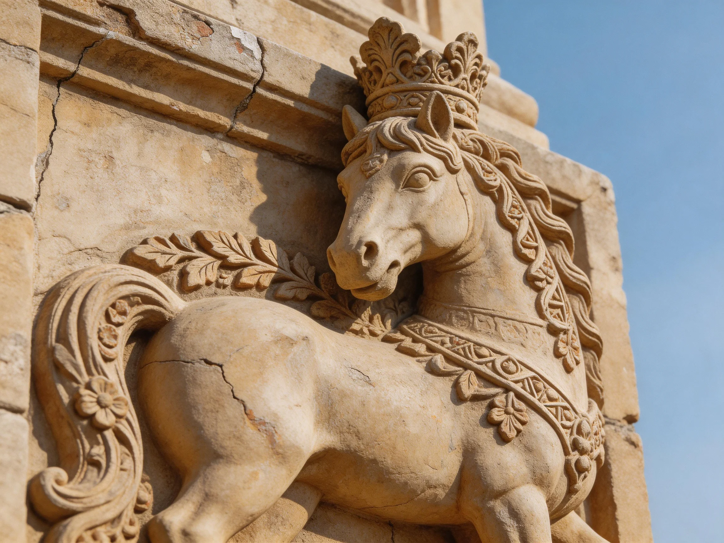 An elaborately carved crowned stone horse sculpture