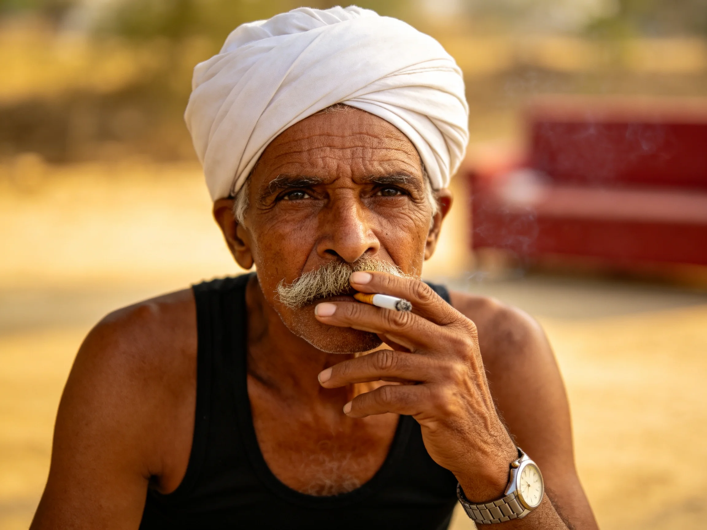 An elderly man in a white turban smokes near a red vehicle outdoors