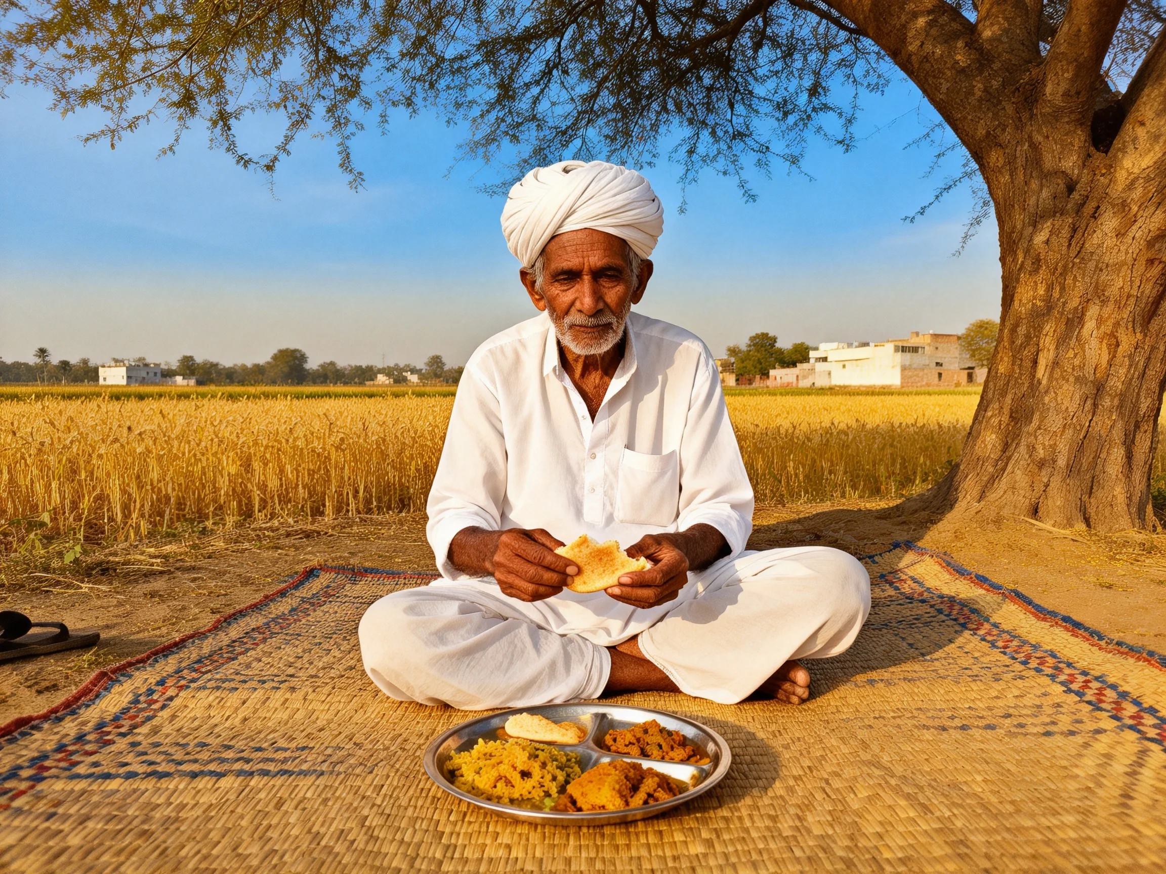 An elderly man in white attire enjoys a meal under a large tree near golden fields
