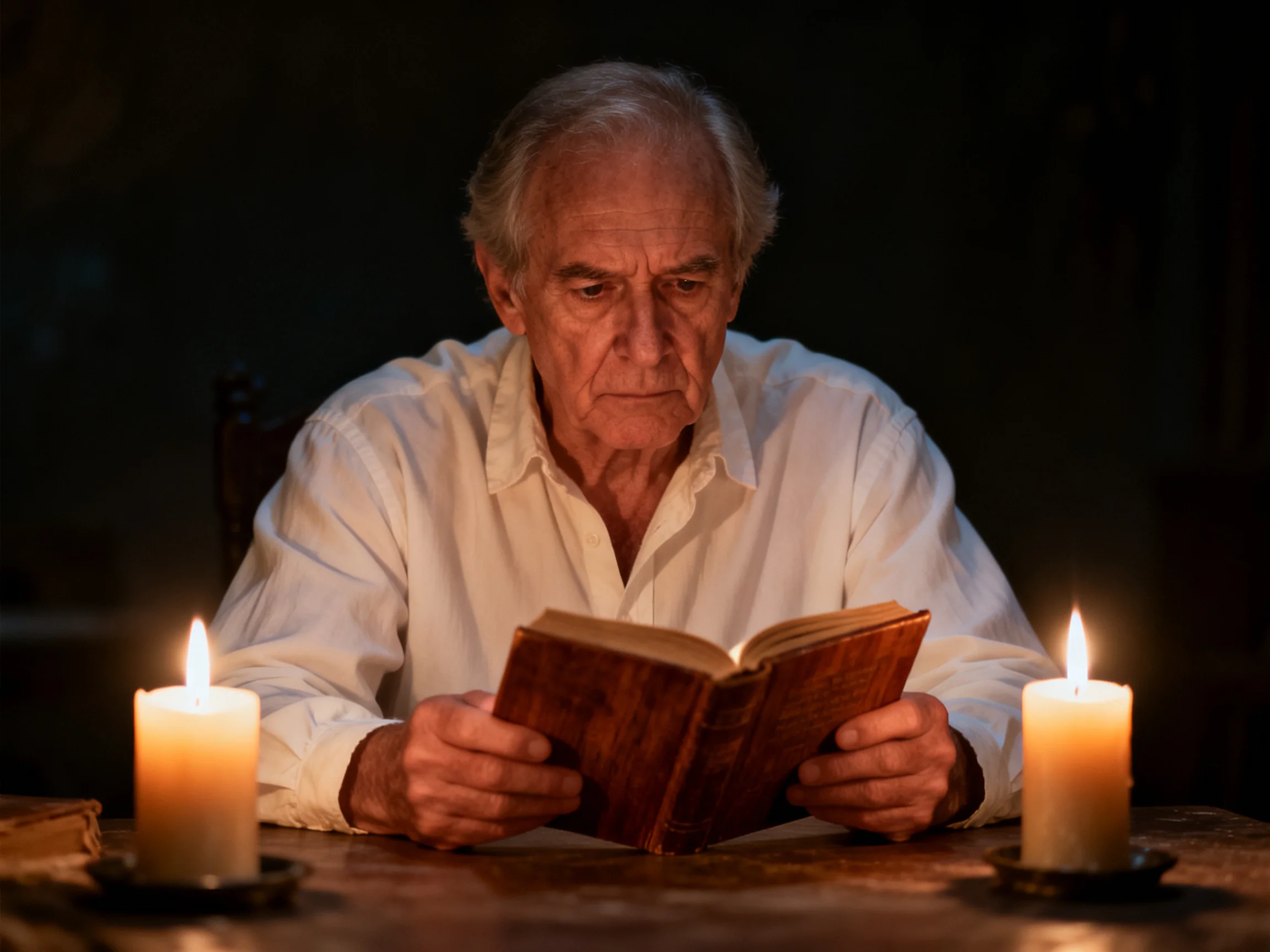 An elderly man reads an old book beside two lit candles in dim light