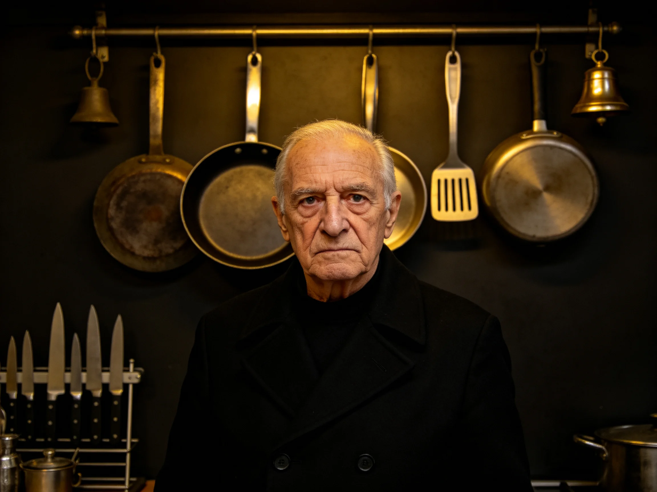 An elderly man stands before hanging cookware and knives in a dimly lit kitchen