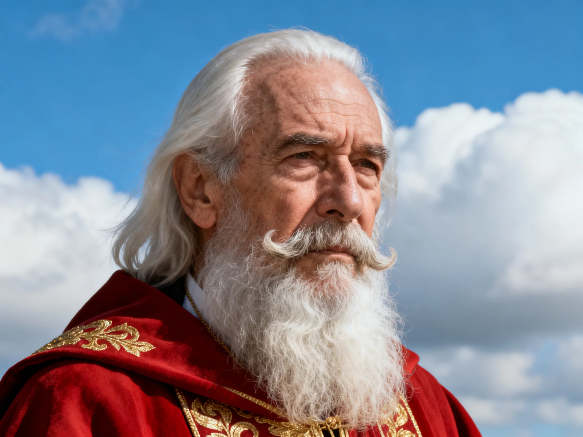 An elderly man with long white hair wears a red and gold ceremonial robe under a bright blue sky