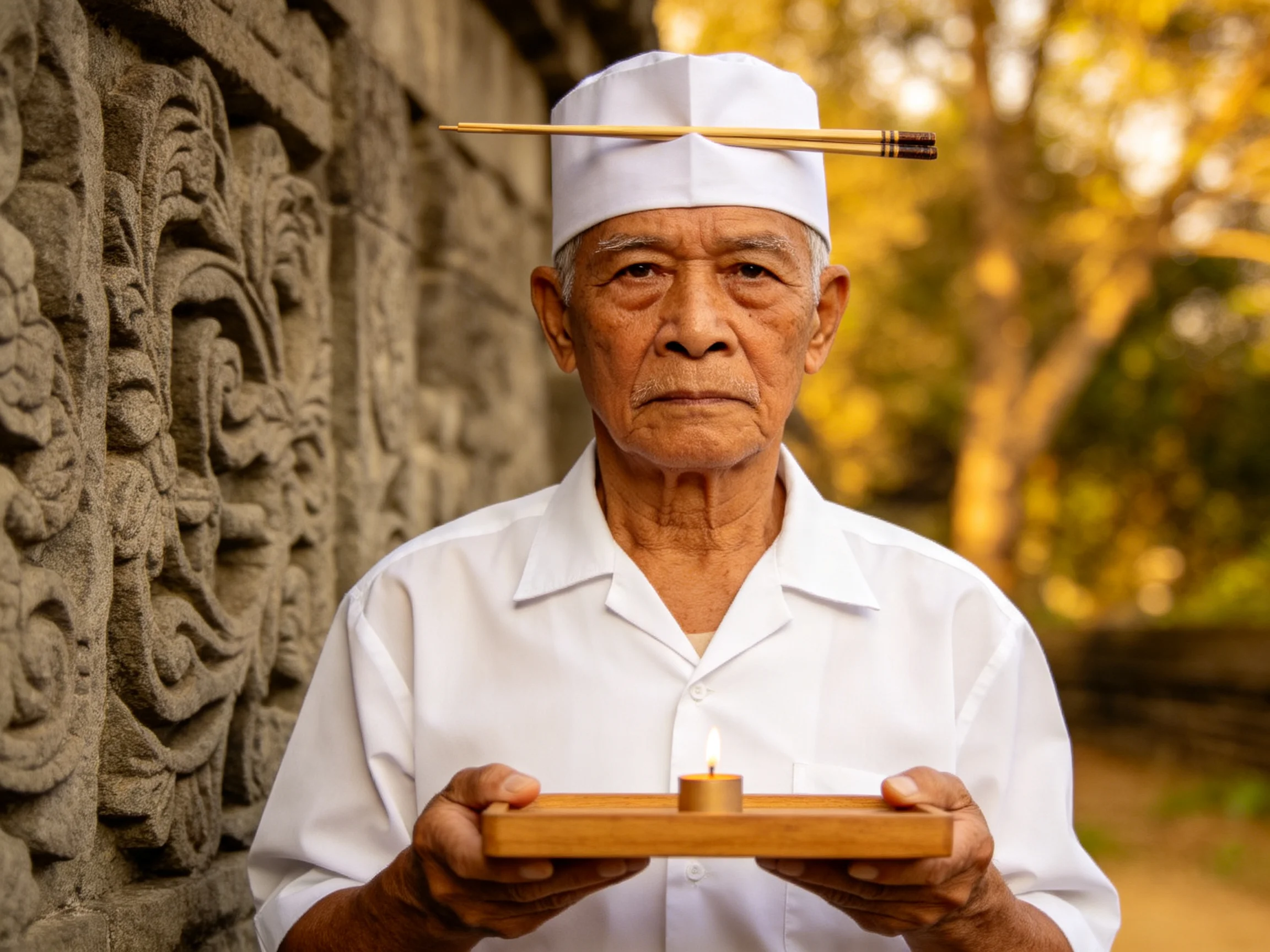 An elderly person balancing chopsticks on their head near a carved stone wall with a candle tray