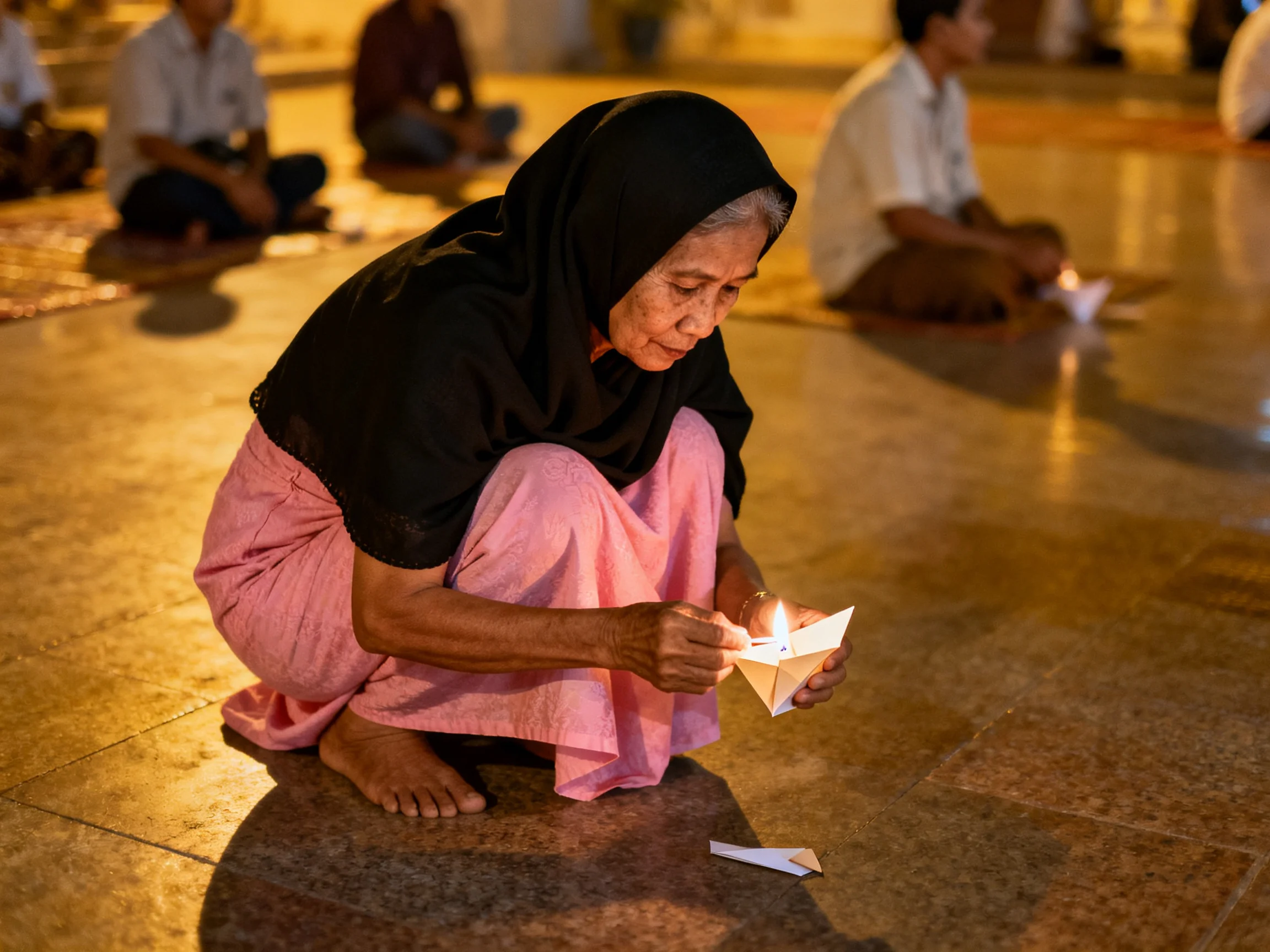An elderly woman in a black headscarf holds a lit paper boat during a ceremonial gathering