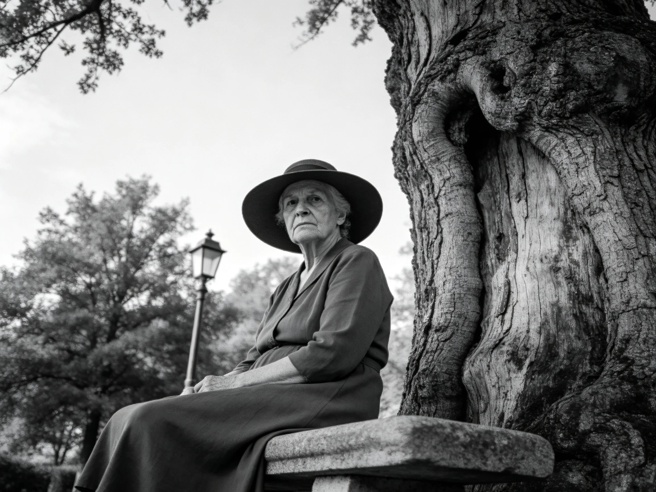 An elderly woman in a wide-brimmed hat sits beside a gnarled ancient tree
