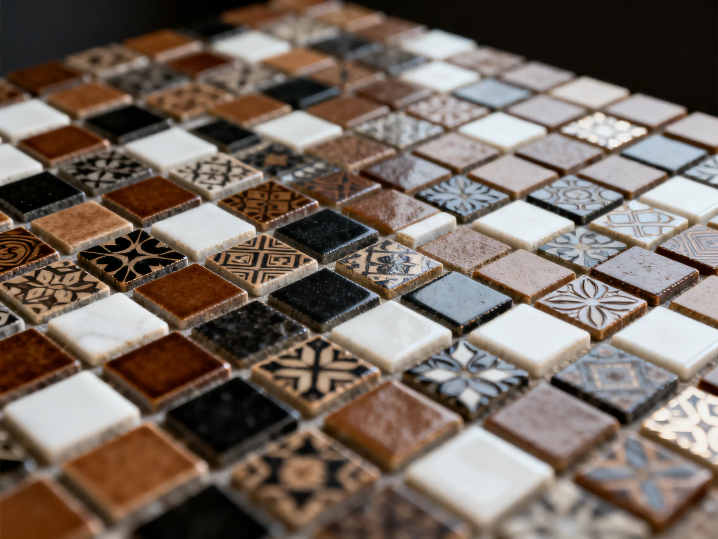 An extensive mosaic of small patterned tiles in earthy and neutral color palettes