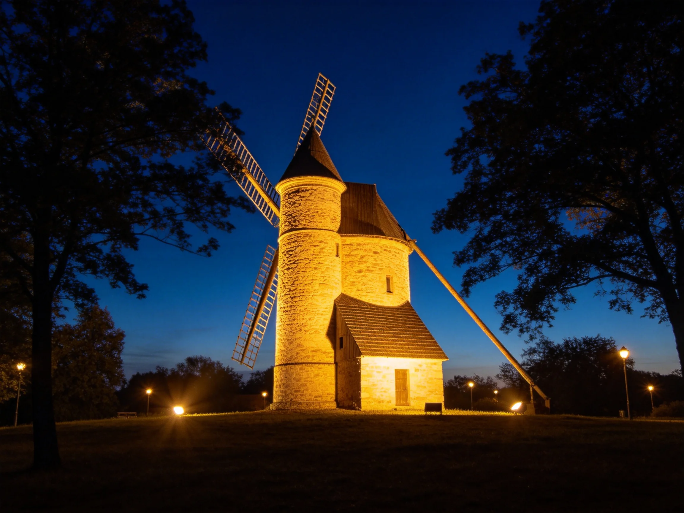 An illuminated stone windmill at night with dark trees