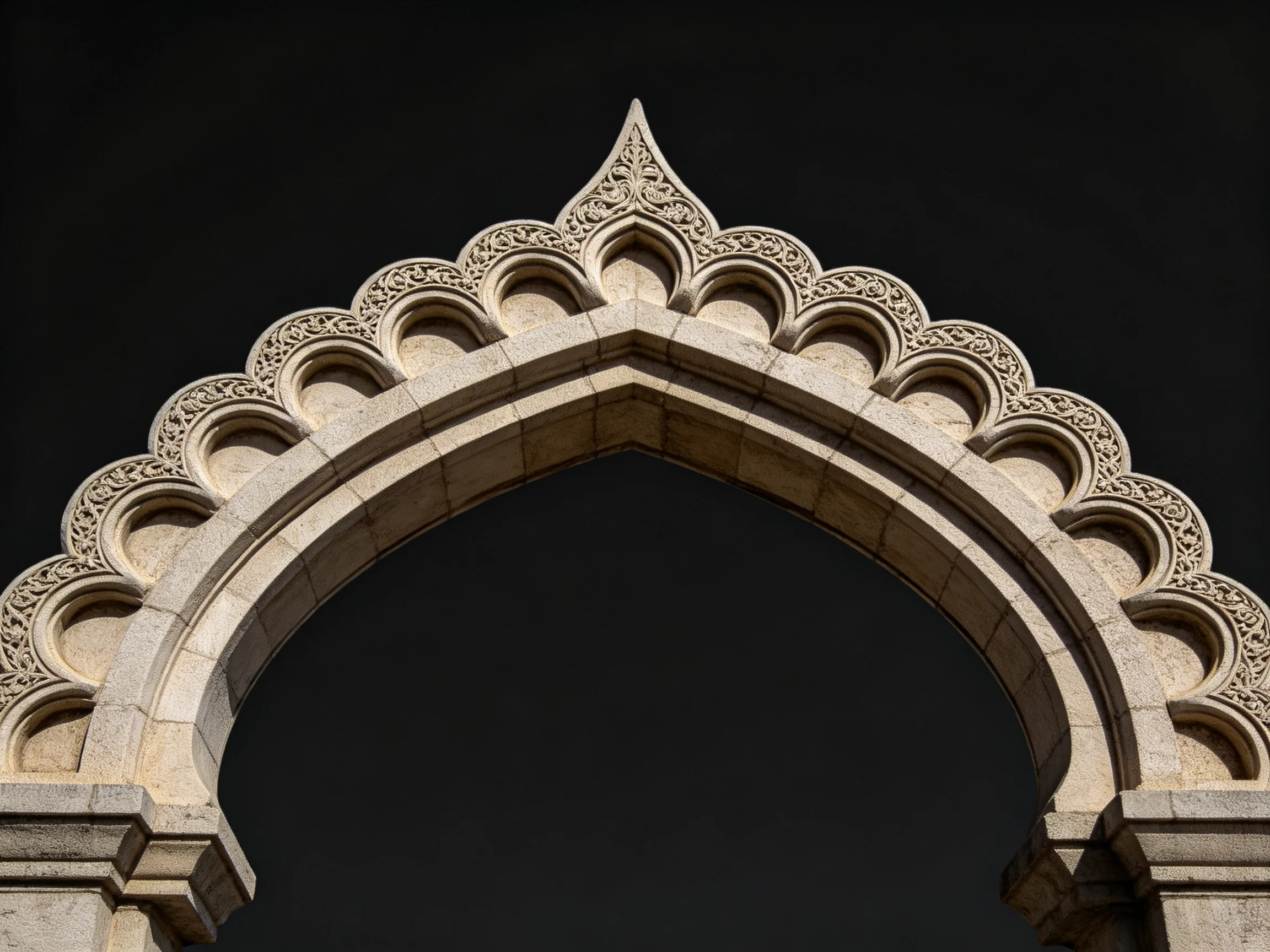 An intricately carved stone arch with scalloped detailing under a dark sky