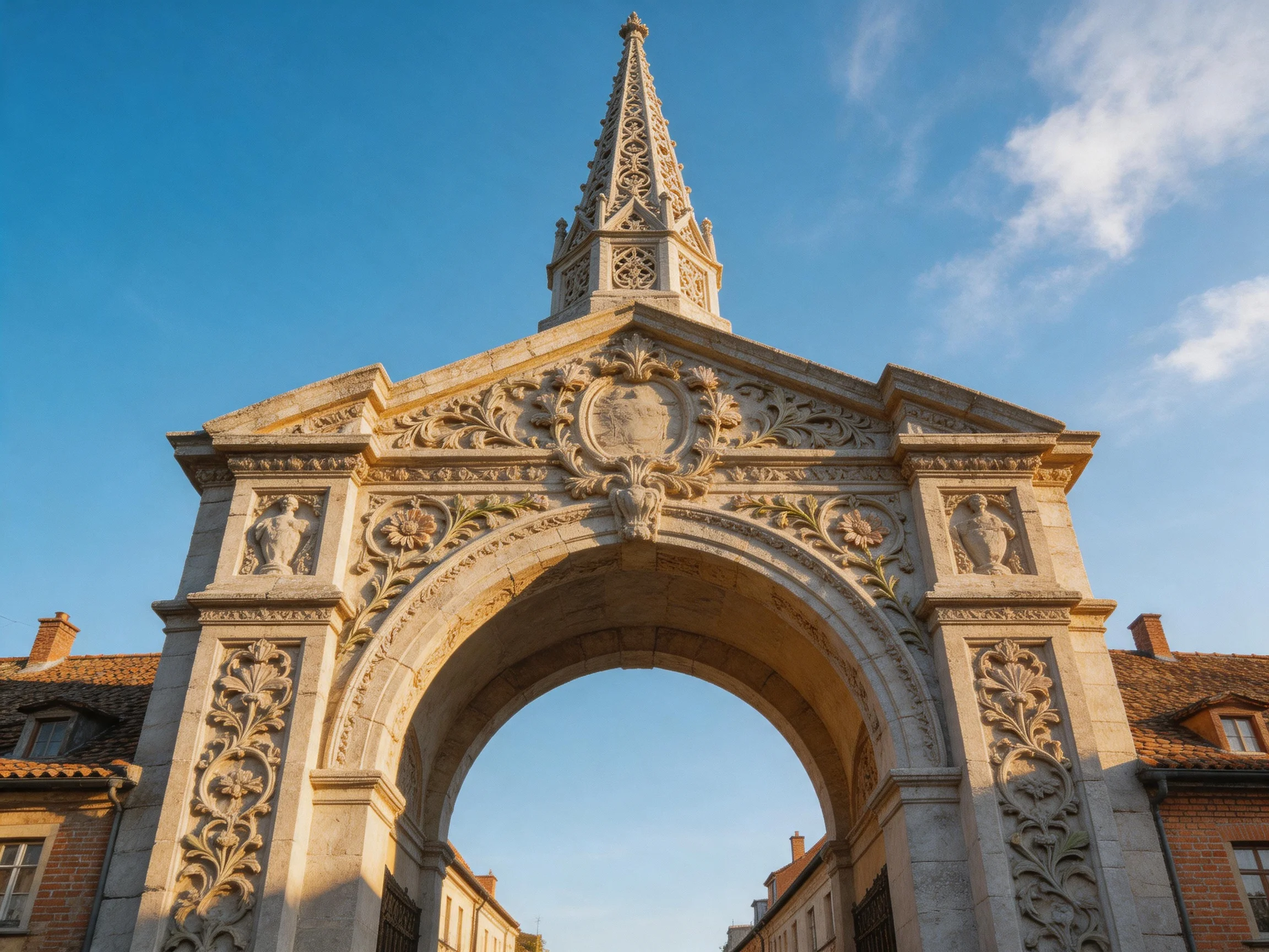 An intricately carved stone archway with a tall spire under a clear blue sky