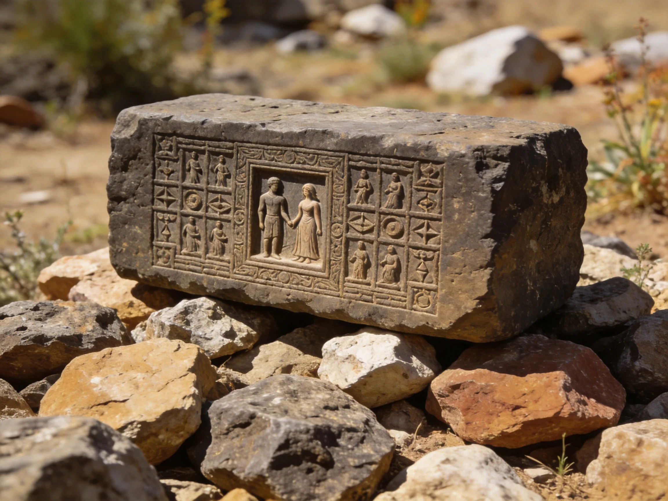 An intricately carved stone block rests among scattered rocks in a dry landscape