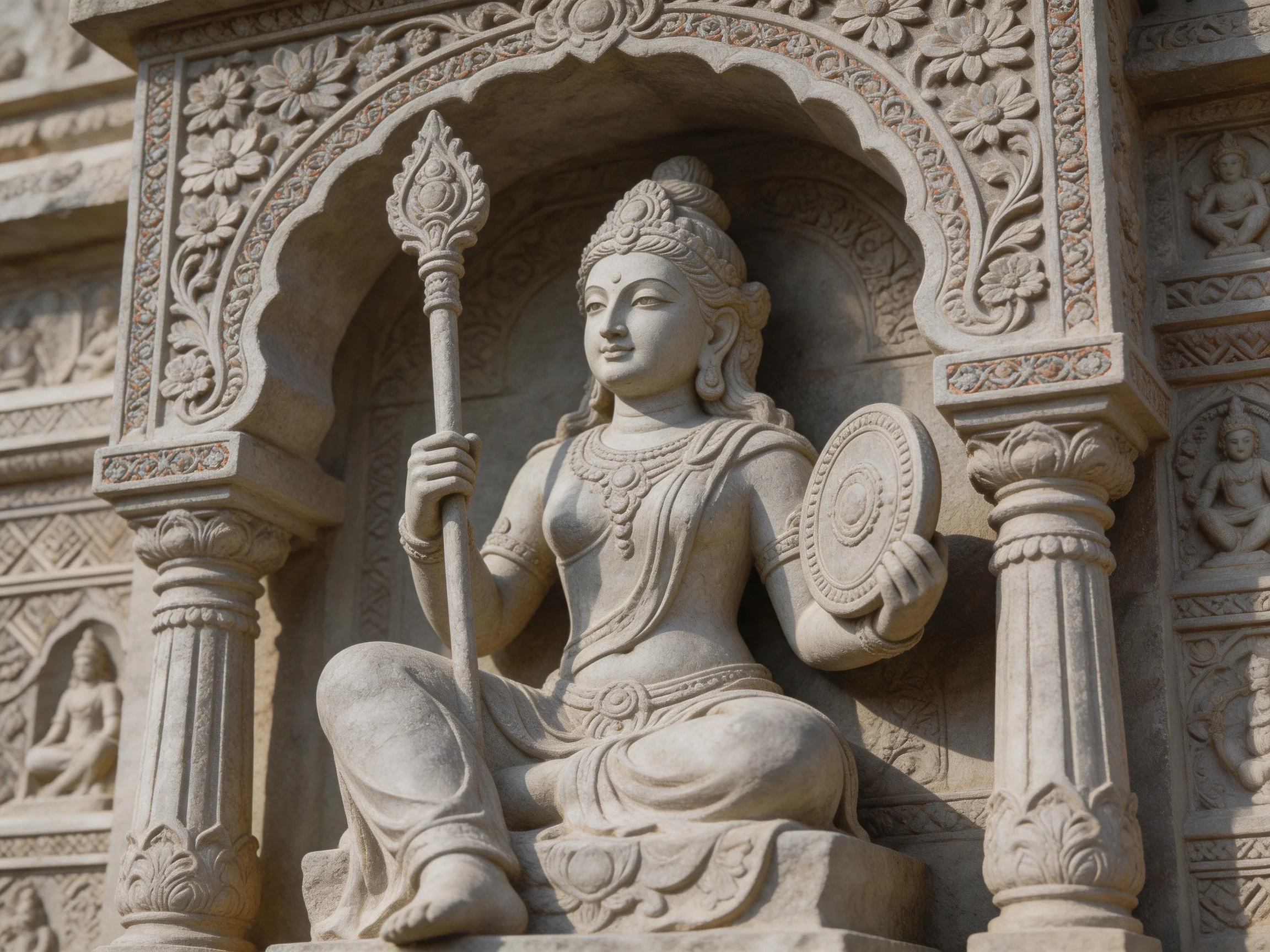 An intricately carved stone statue of a seated deity with a spear and shield