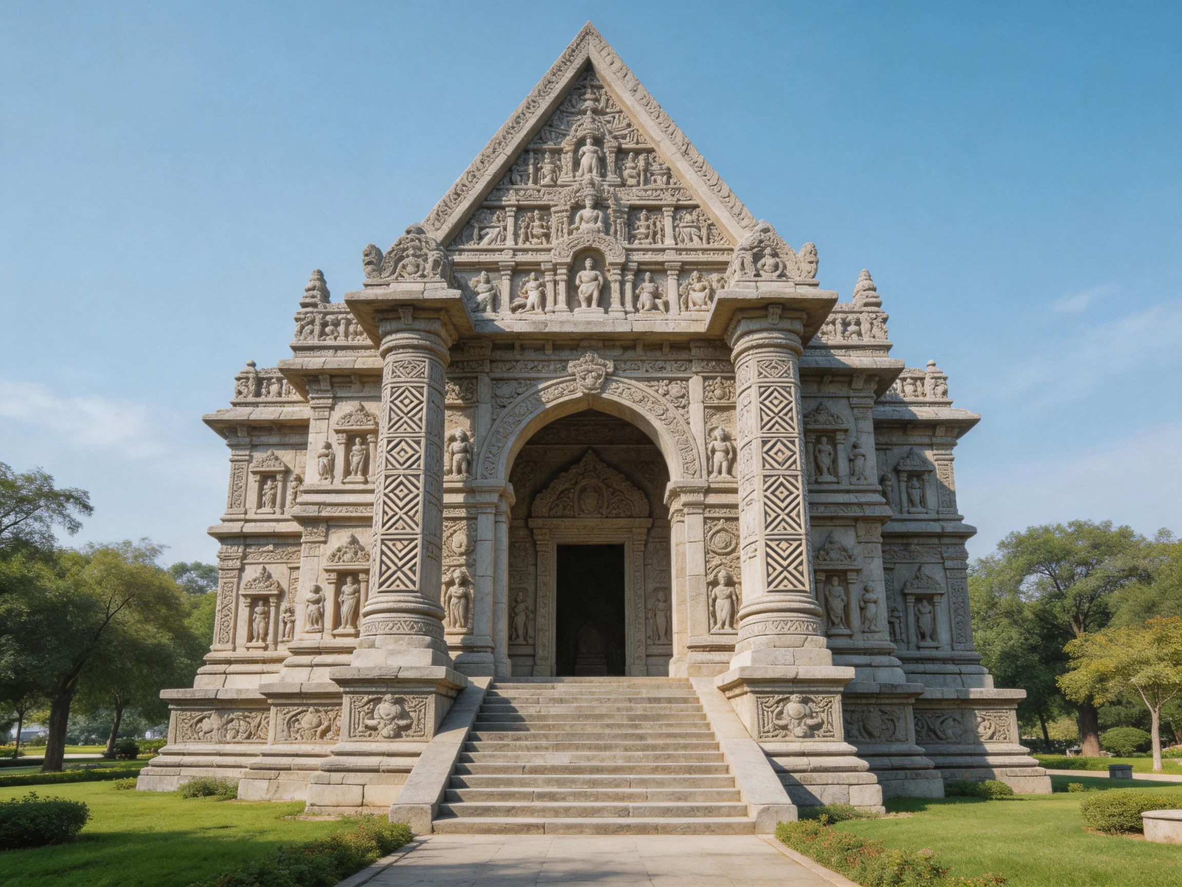 An intricately carved stone temple with triangular roof