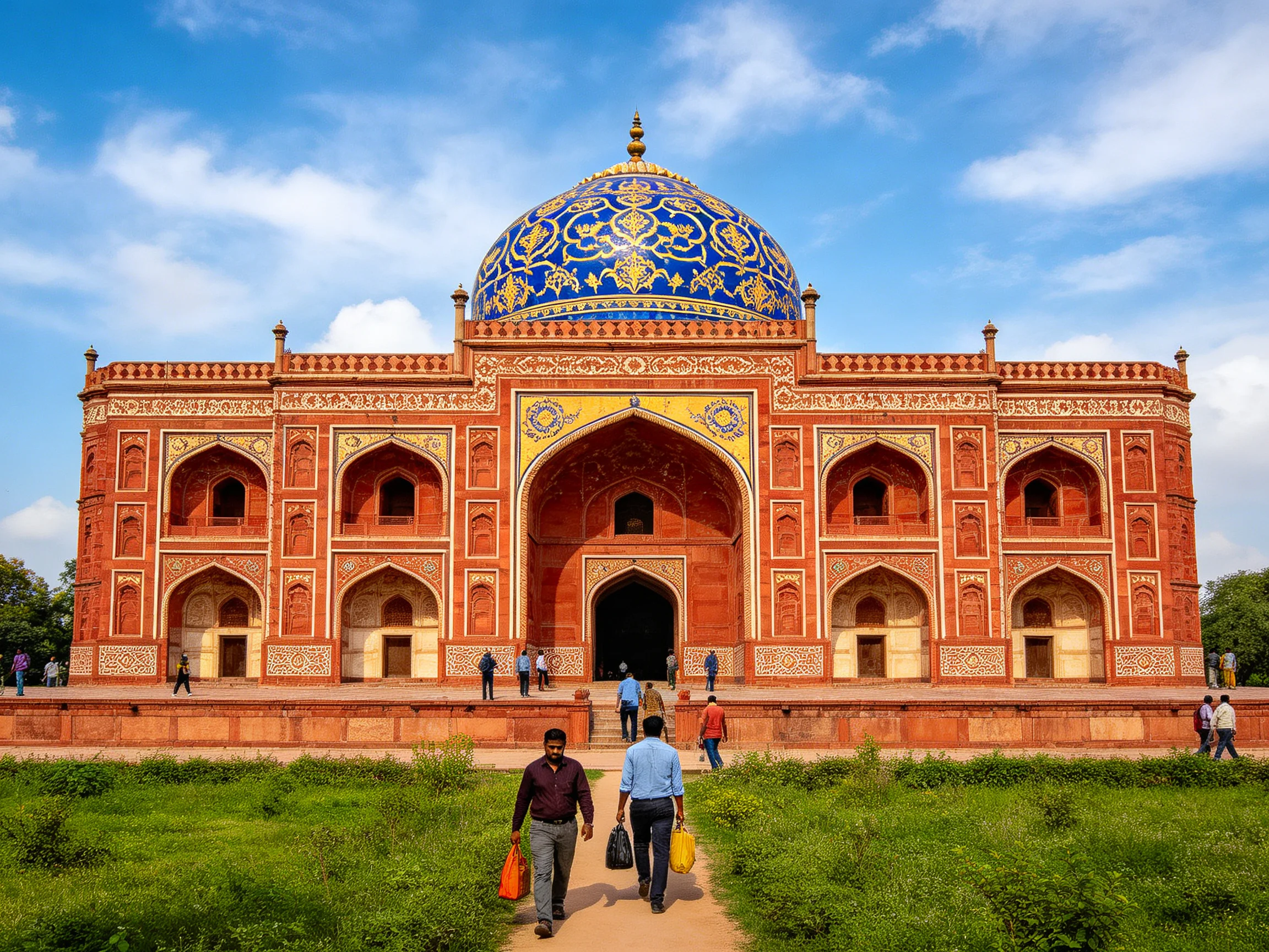 An intricately designed red-brick mausoleum with a large blue dome