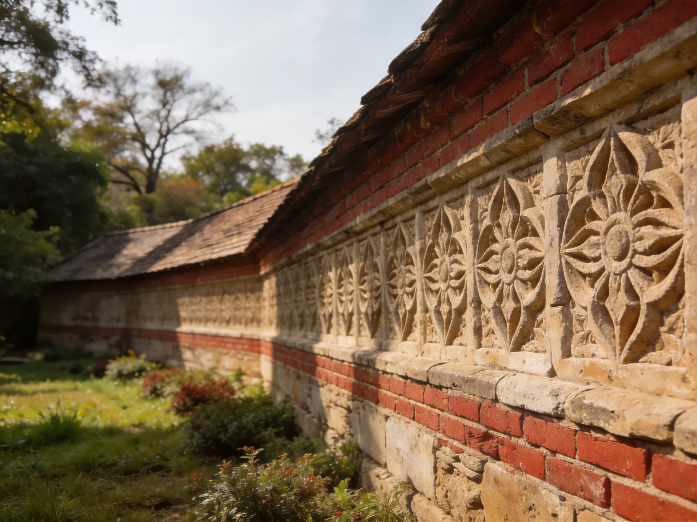 An old brick wall with ornate stone carvings in a sunlit garden
