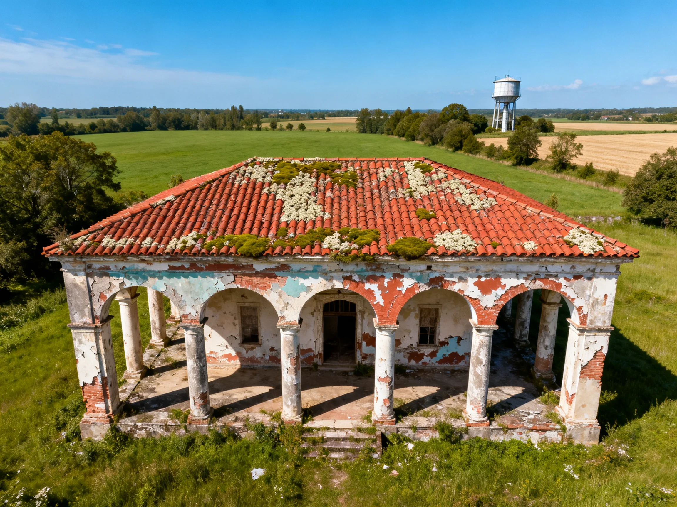 An old building with red tile roof and mossy patches