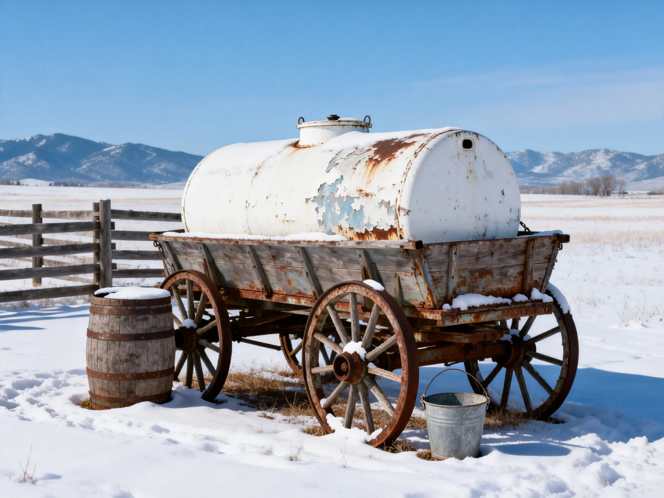 An old rusted wagon with a white tank in a snowy field