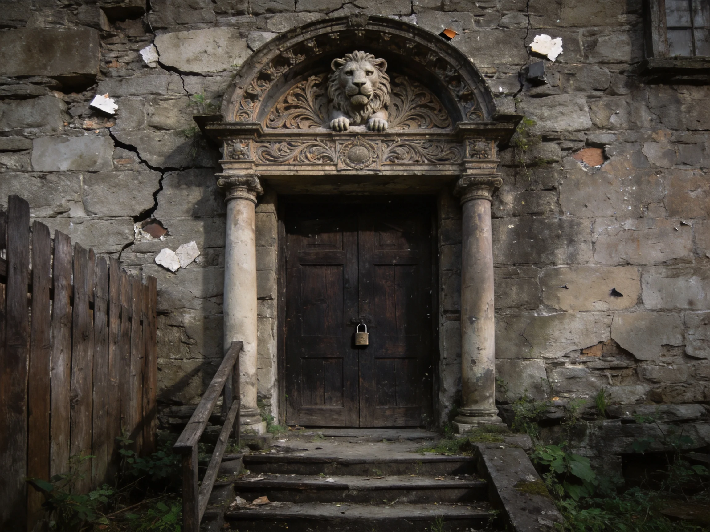 An old stone building with a carved lion doorway