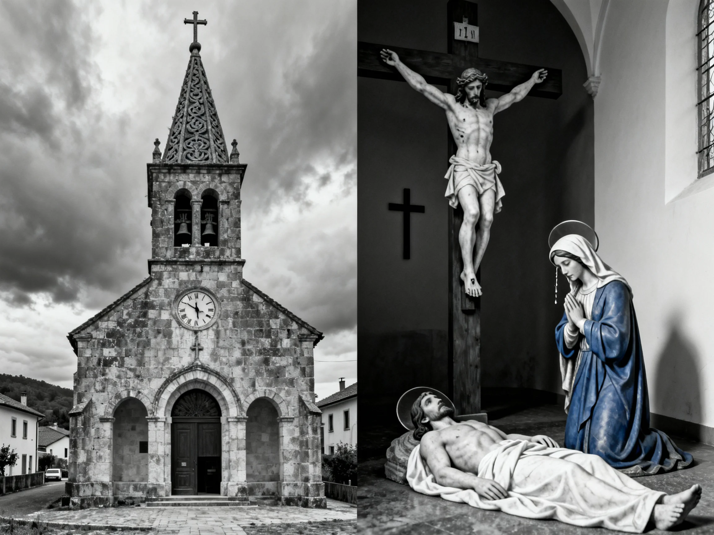 An old stone church and crucifixion statues