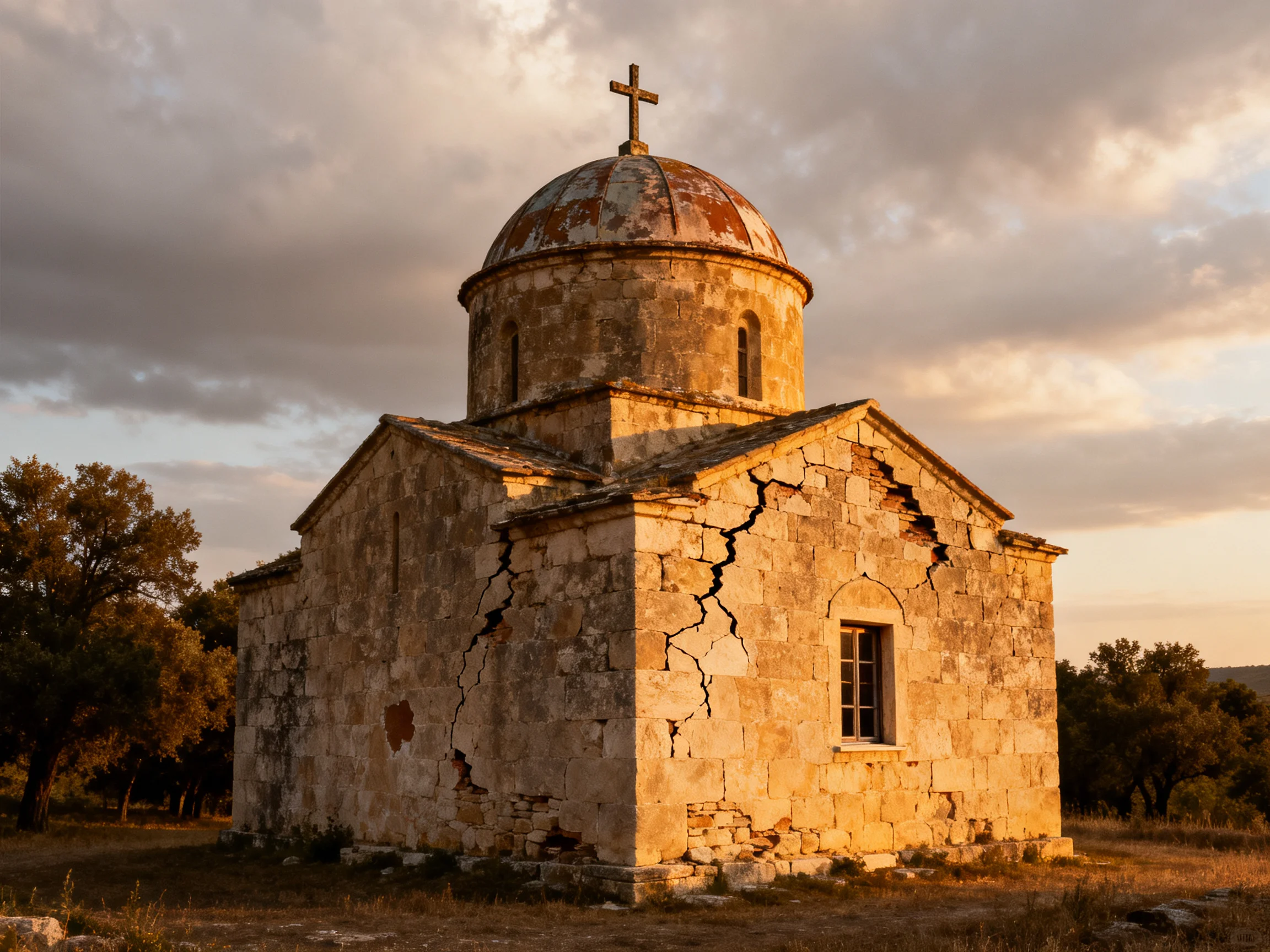 An old stone church with a domed roof in golden sunset light