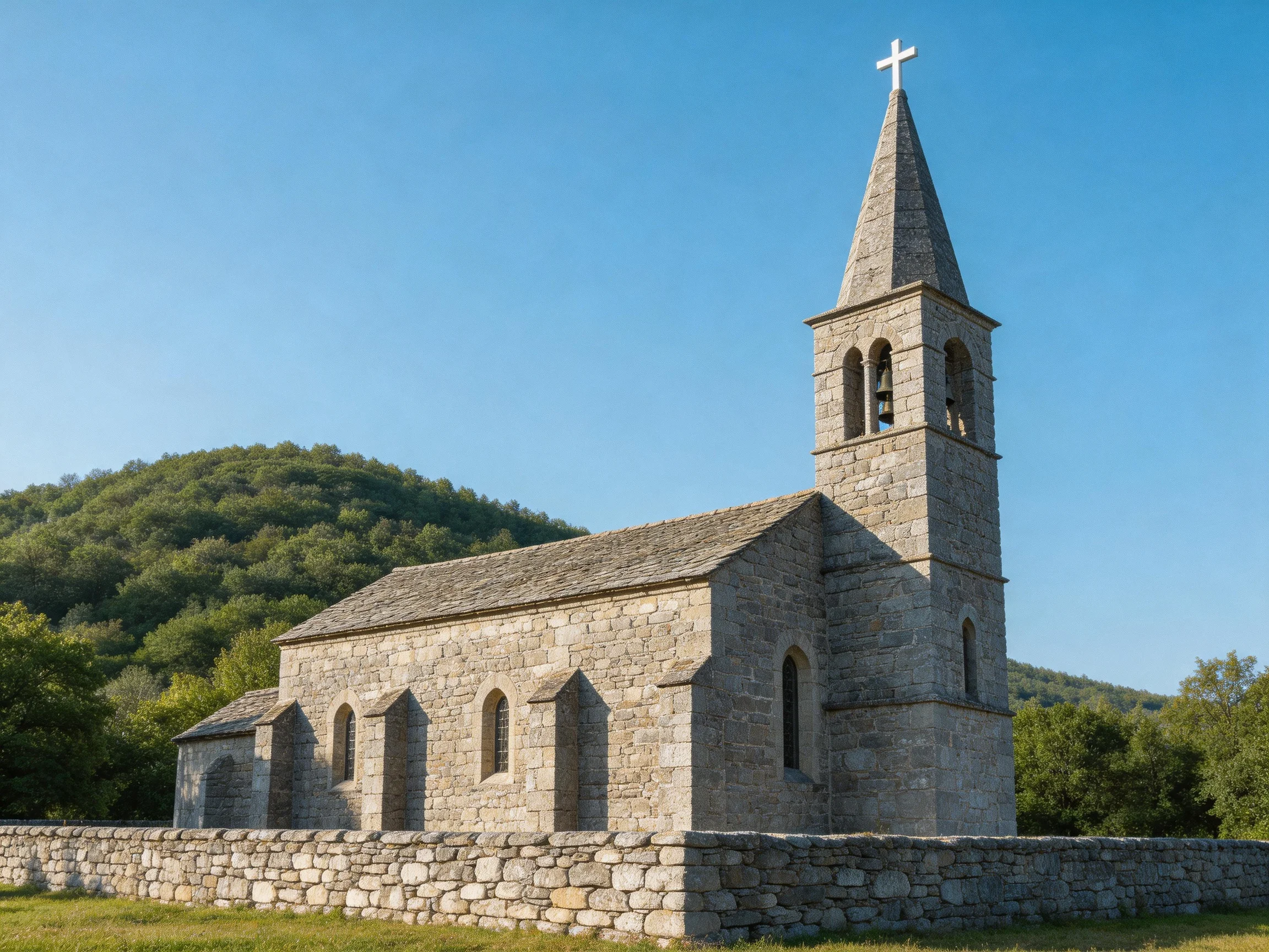 An old stone church with a tall bell tower near a green hill under clear blue sky