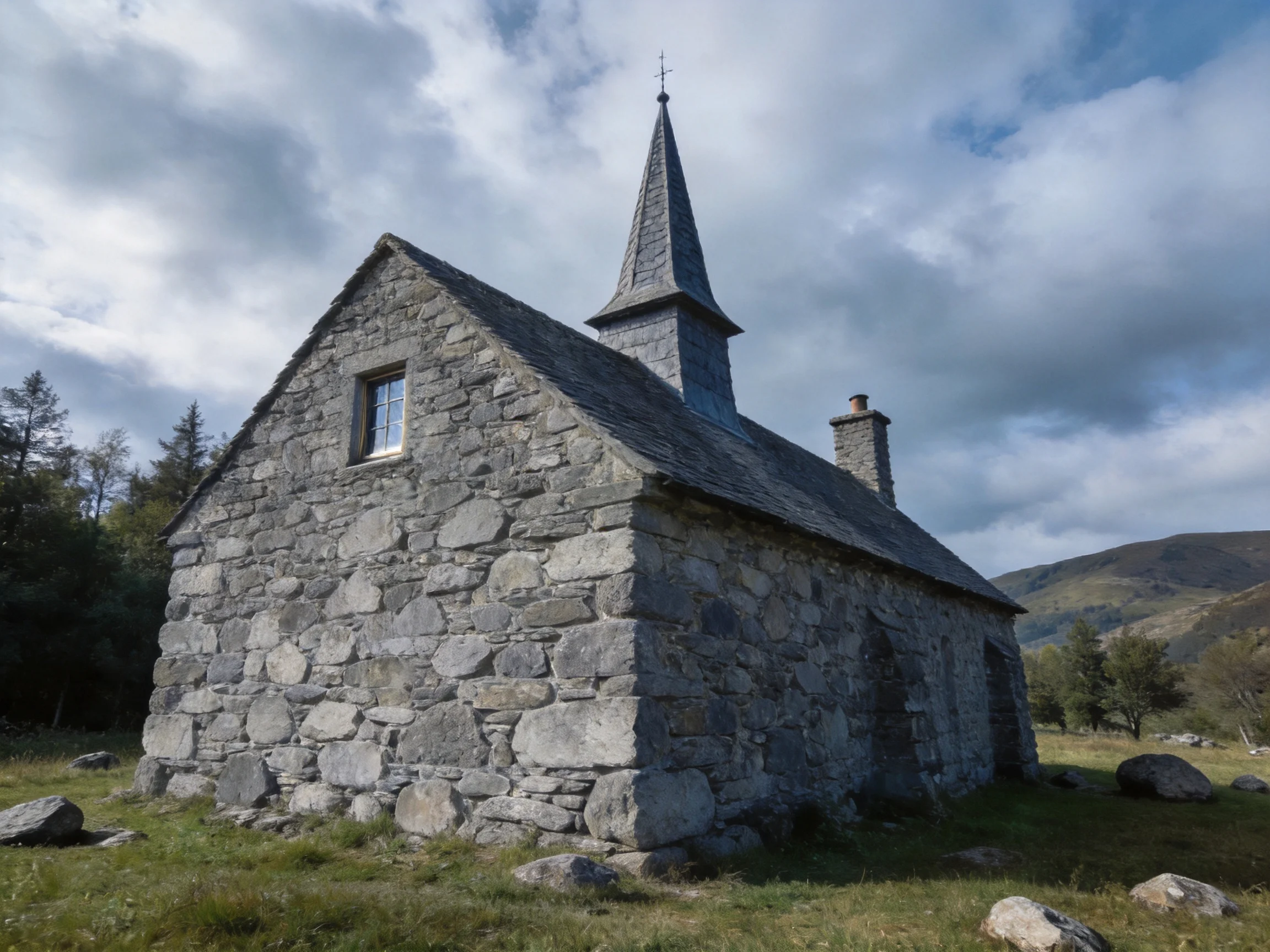 An old stone church with a tall pointed spire near mountains